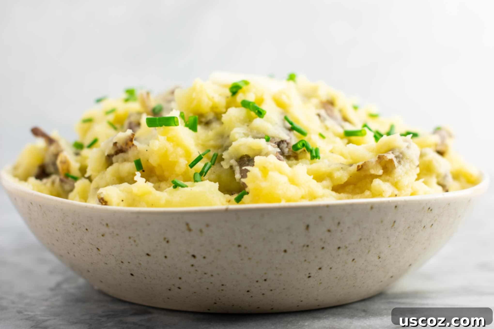Creamy Vegan Mashed Potatoes 5 A bowl of freshly made vegan mashed potatoes, smooth and ready to be served, demonstrating its appealing consistency.