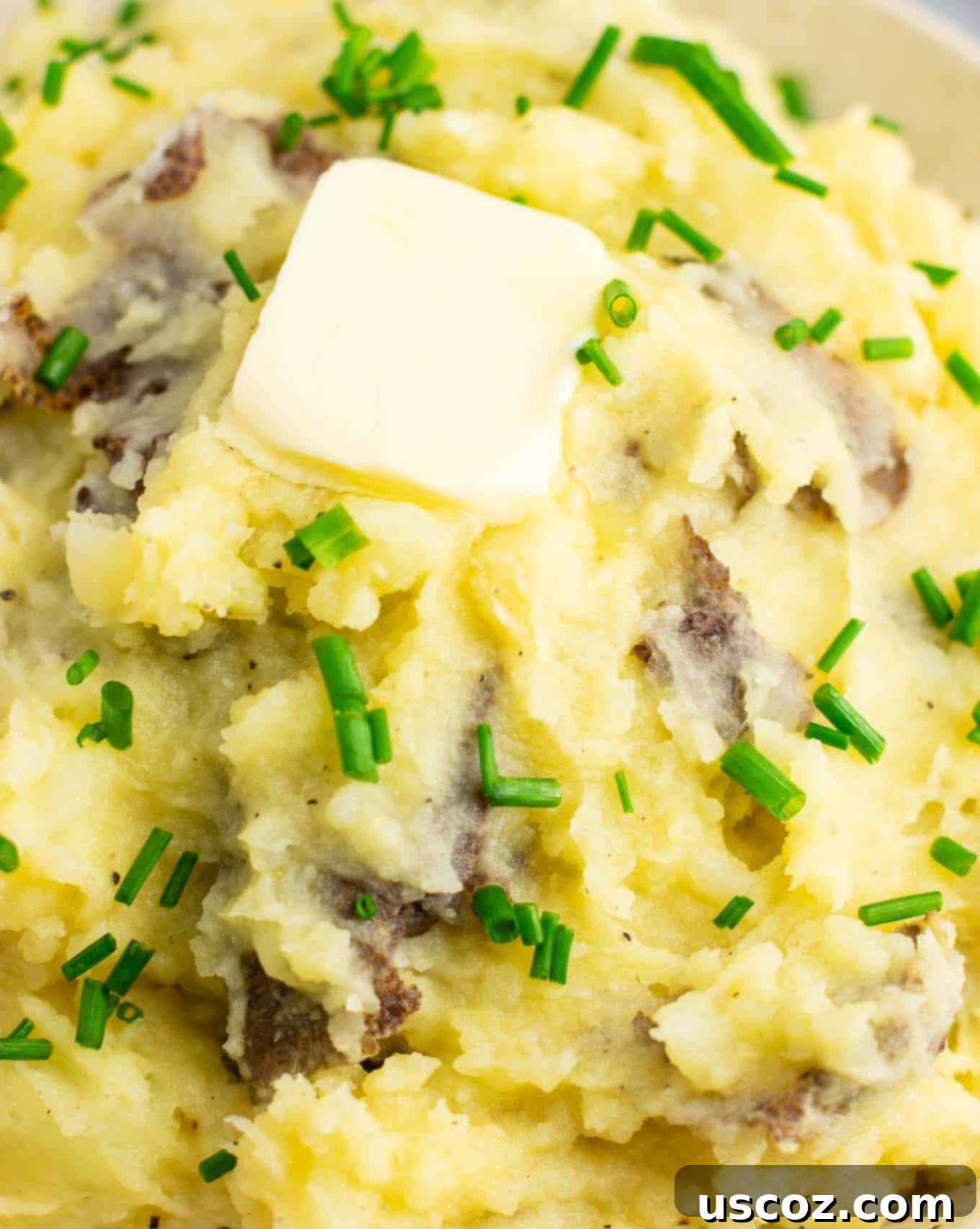 Creamy Vegan Mashed Potatoes 9 Close-up of a perfectly smooth serving of vegan mashed potatoes, crowned with a dollop of vegan butter and a hint of fresh herbs.