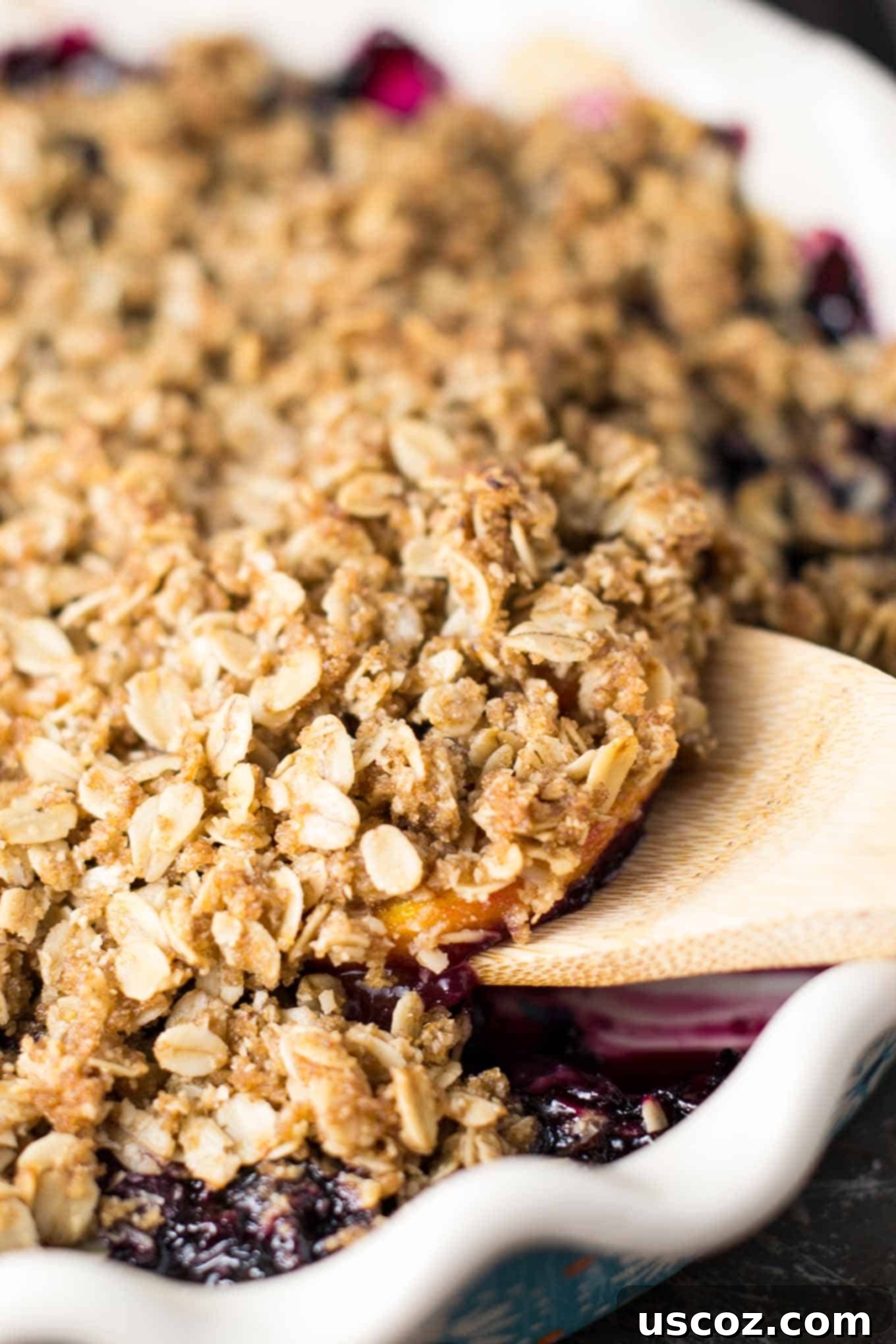 Delicious gluten free vegan blueberry peach crisp, perfect for a healthy dessert