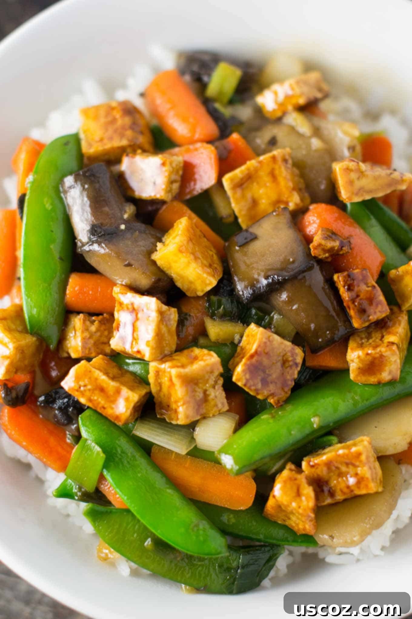 Golden Honey-Ginger Tofu Delight 3 Honey ginger tofu stir fry served in a white bowl with chopsticks, garnished with green onions