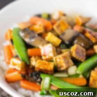 Golden Honey-Ginger Tofu Delight 8 Close-up of a serving of Honey Ginger Tofu Stir Fry with rice