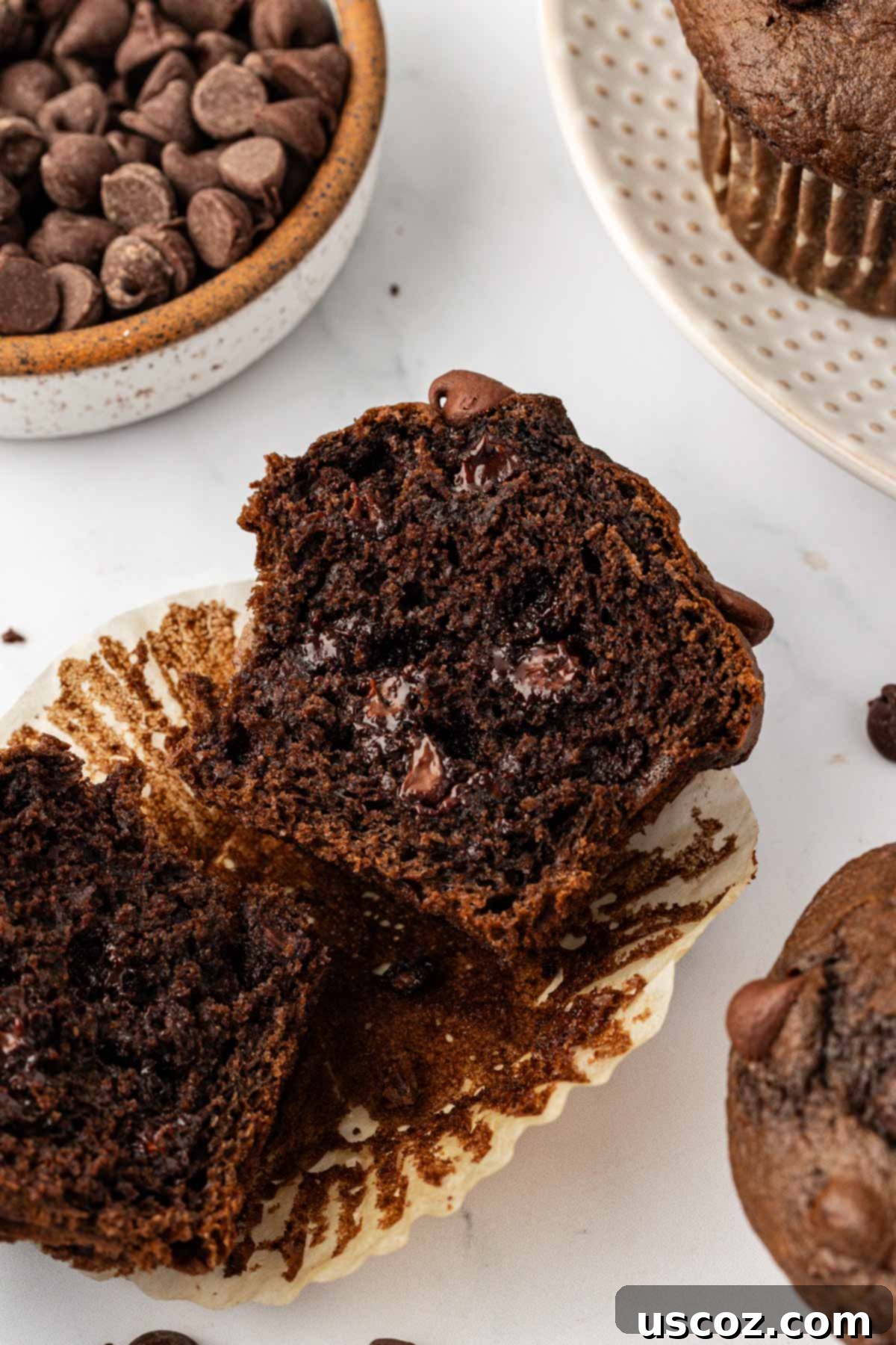 Irresistible Double Chocolate Cake Mix Muffins 13 a cake mix chocolate muffin cut in half, showing its moist crumb and chocolate chips