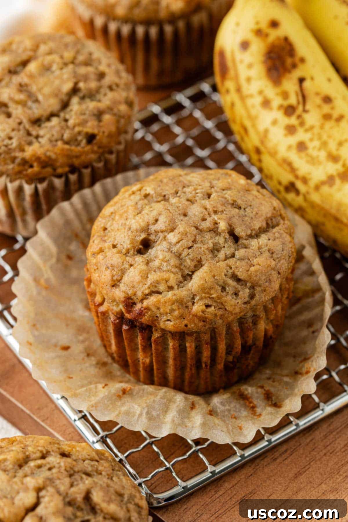 Deliciously Healthy Banana Muffins 2 healthy banana muffin on a cooling rack