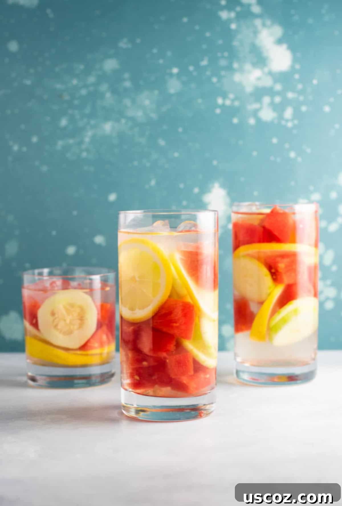 Hydrating Watermelon Detox Elixir 3 Close-up of a refreshing Watermelon Detox Water with cucumbers and lemon, highlighting the natural ingredients. Ideal for hydration and promoting a healthy lifestyle.