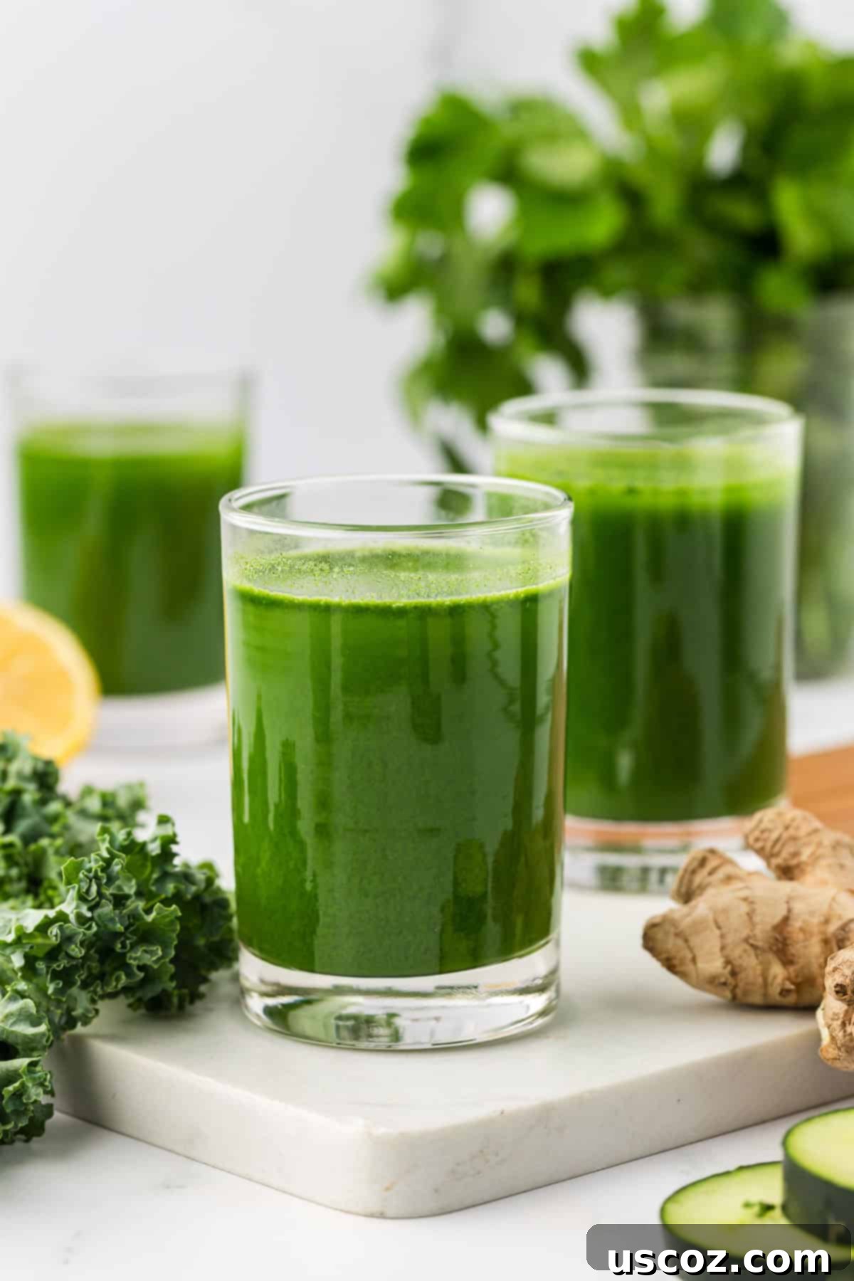 Vital Veggie Boost 2 Freshly made green vegetable juice in a glass, ready to drink.