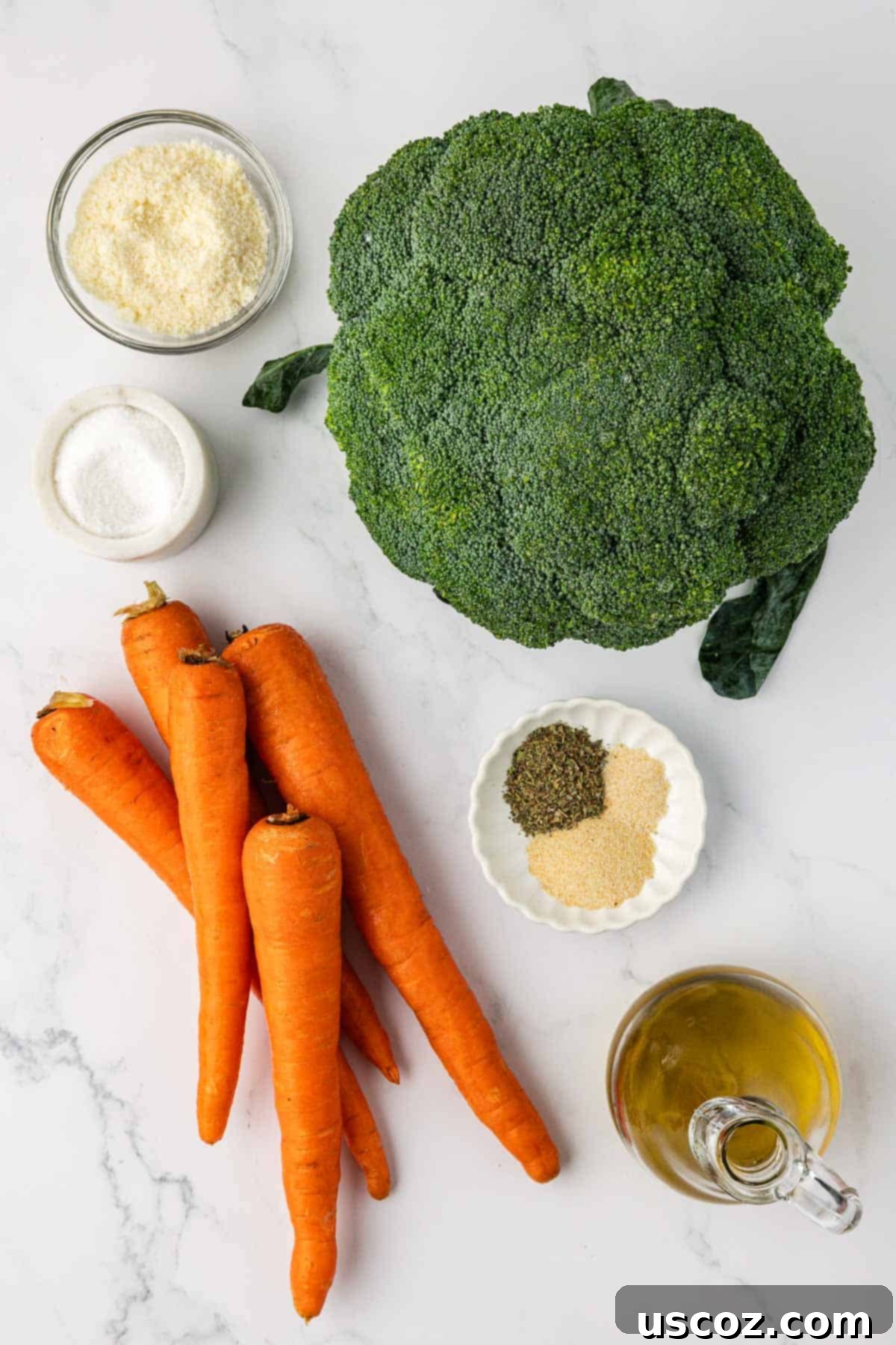 Crispy Roasted Broccoli and Carrots 3 a head of broccoli, 5 carrots, parmesan cheese, olive oil, and spices