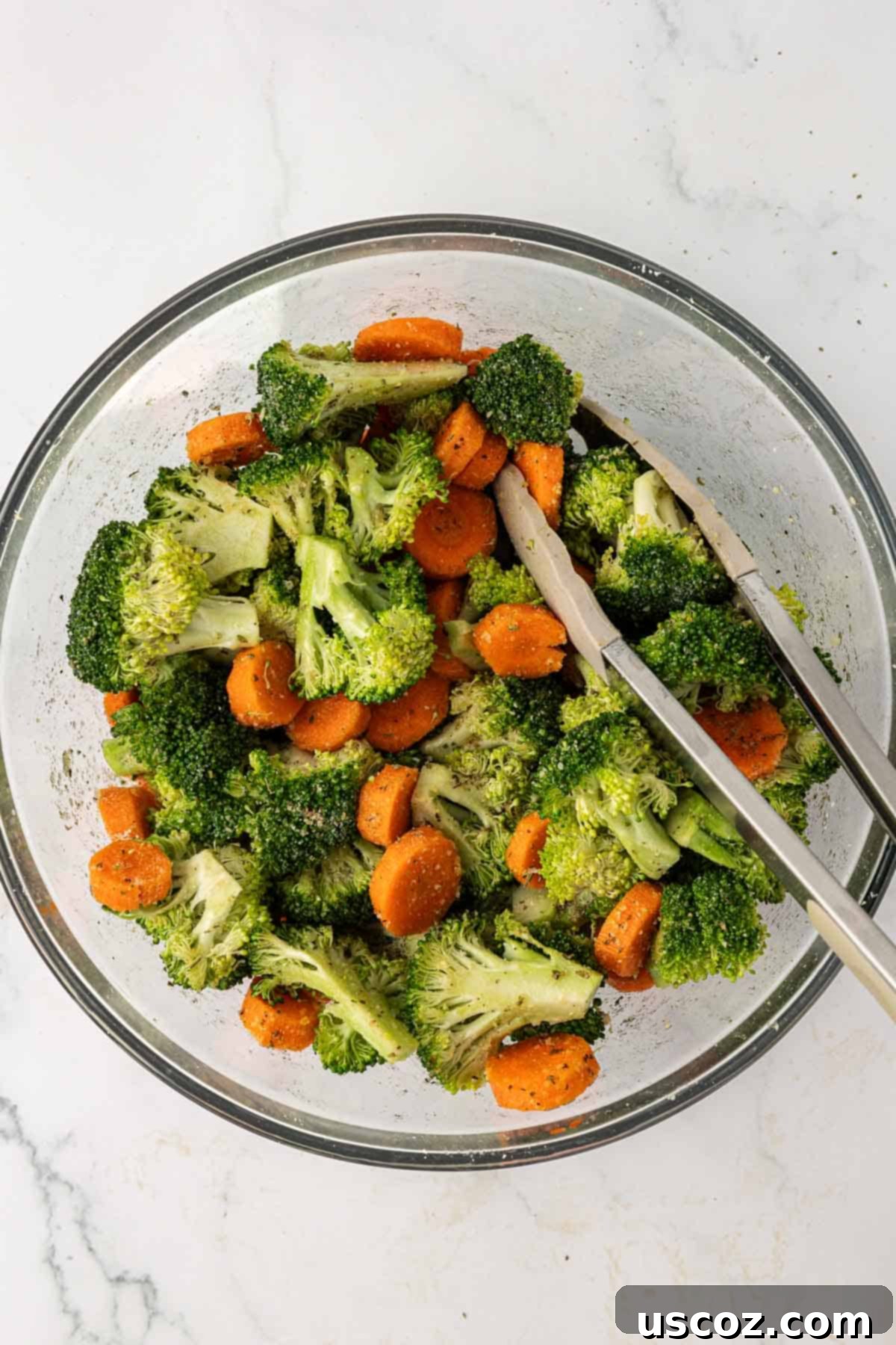 Crispy Roasted Broccoli and Carrots 7 broccoli and carrots mixed together with the spices and parmesan cheese