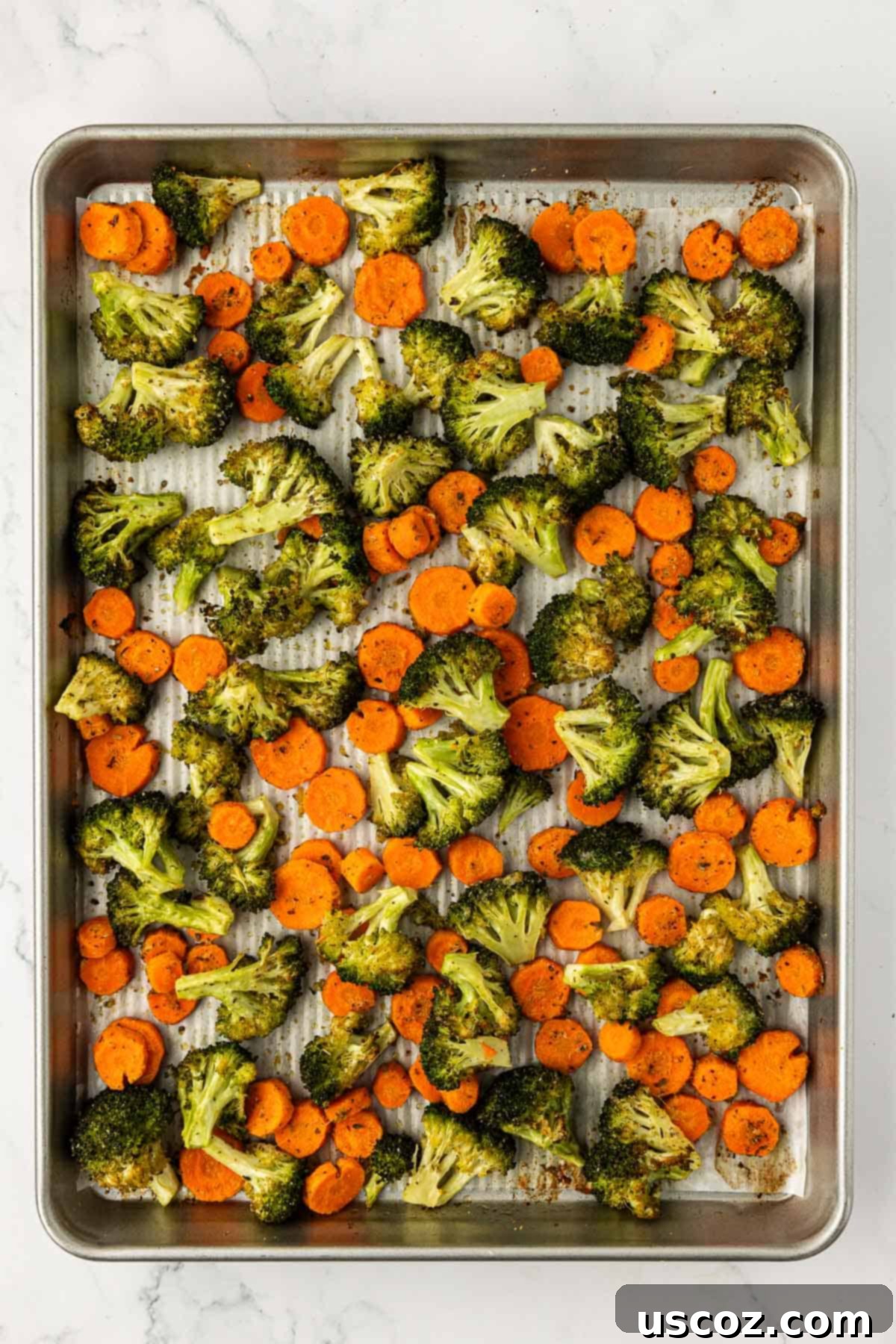 Crispy Roasted Broccoli and Carrots 9 roasted broccoli and carrots on a baking sheet