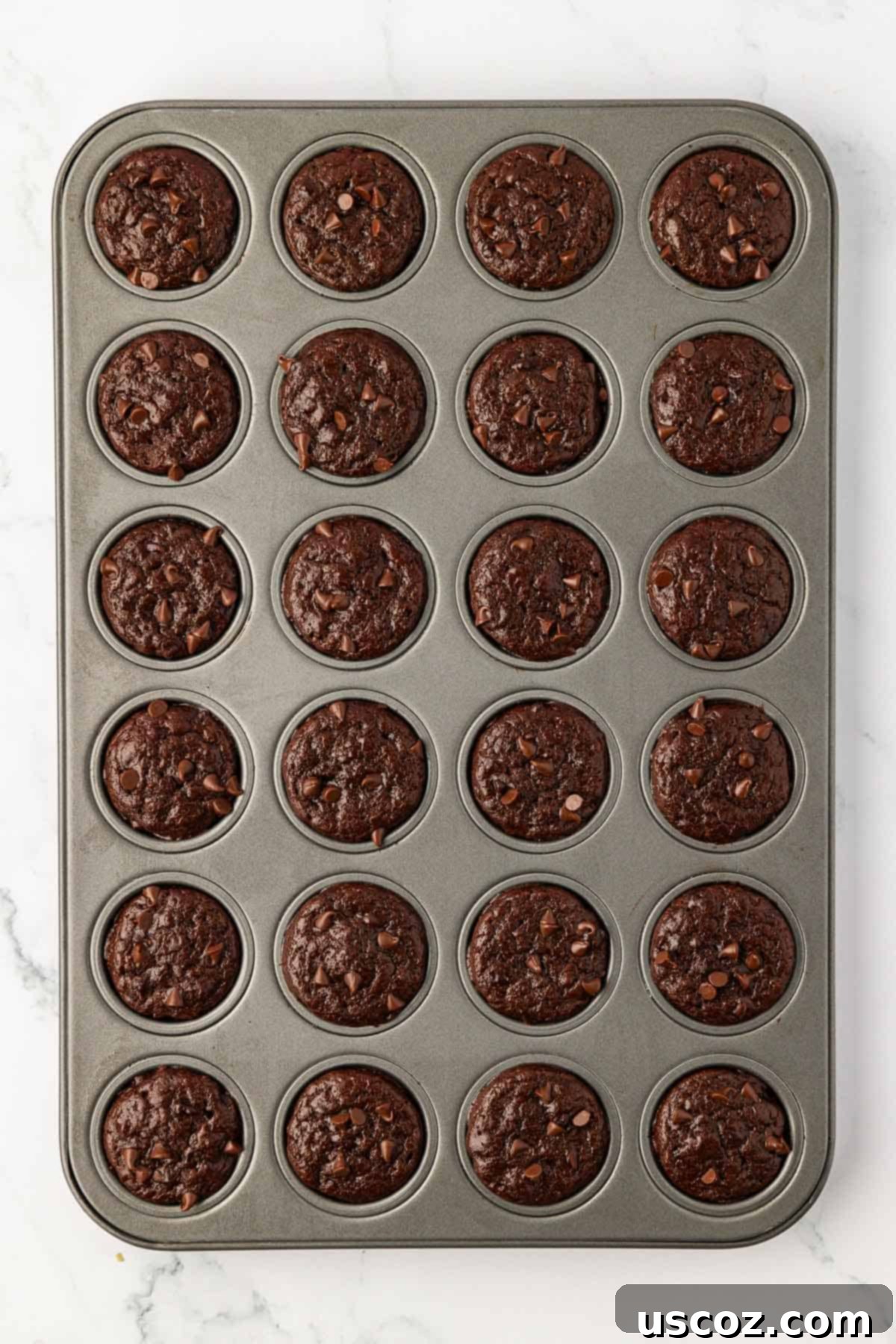 Guilt-Free Chocolate Mini Muffins 14 Mini chocolate muffins baking in a mini muffin tin, golden brown and puffed.