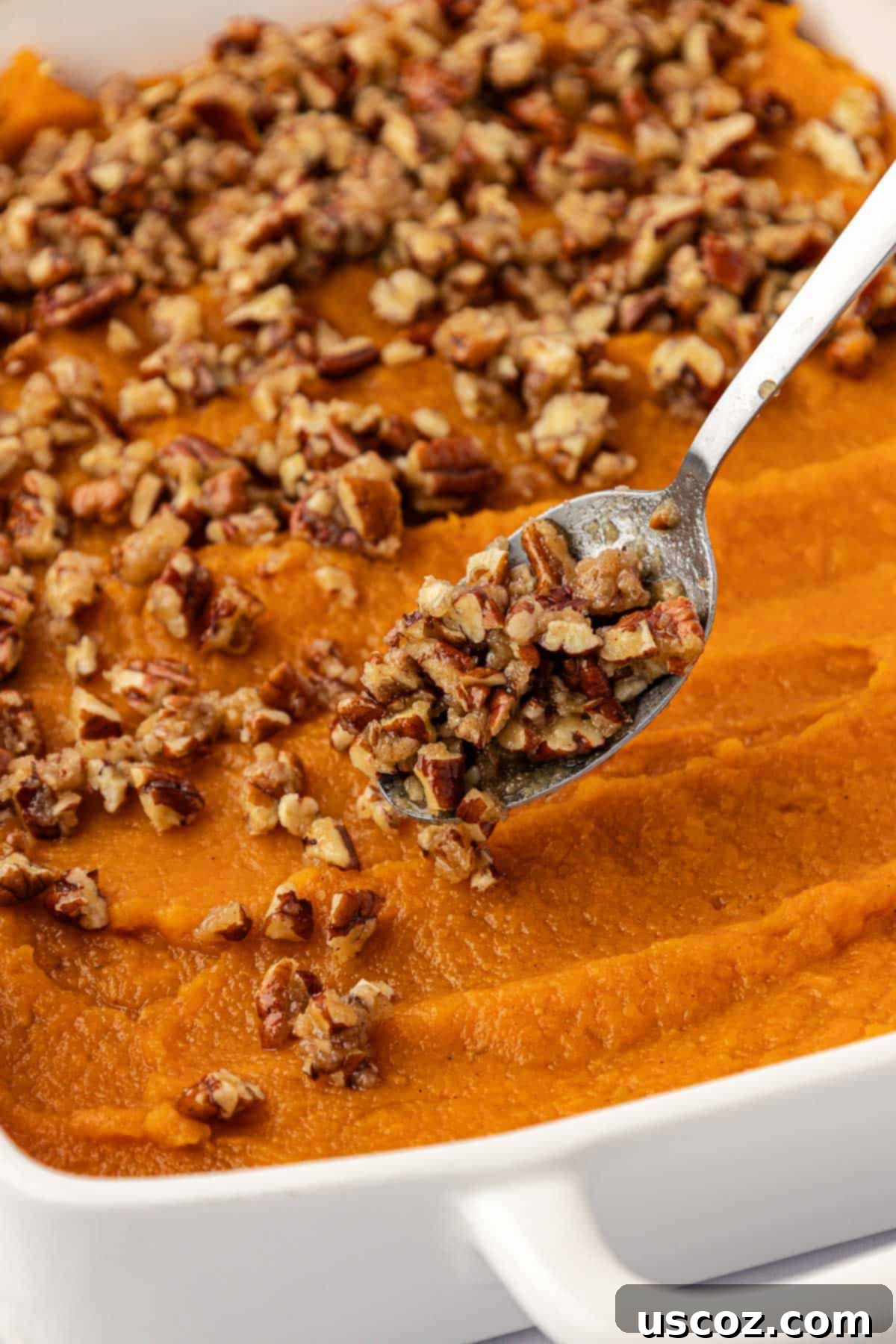 Golden Sweet Potato & Pecan Delight 11 A hand gently sprinkling the prepared crunchy pecan topping evenly over the smooth sweet potato filling in a baking dish before baking.