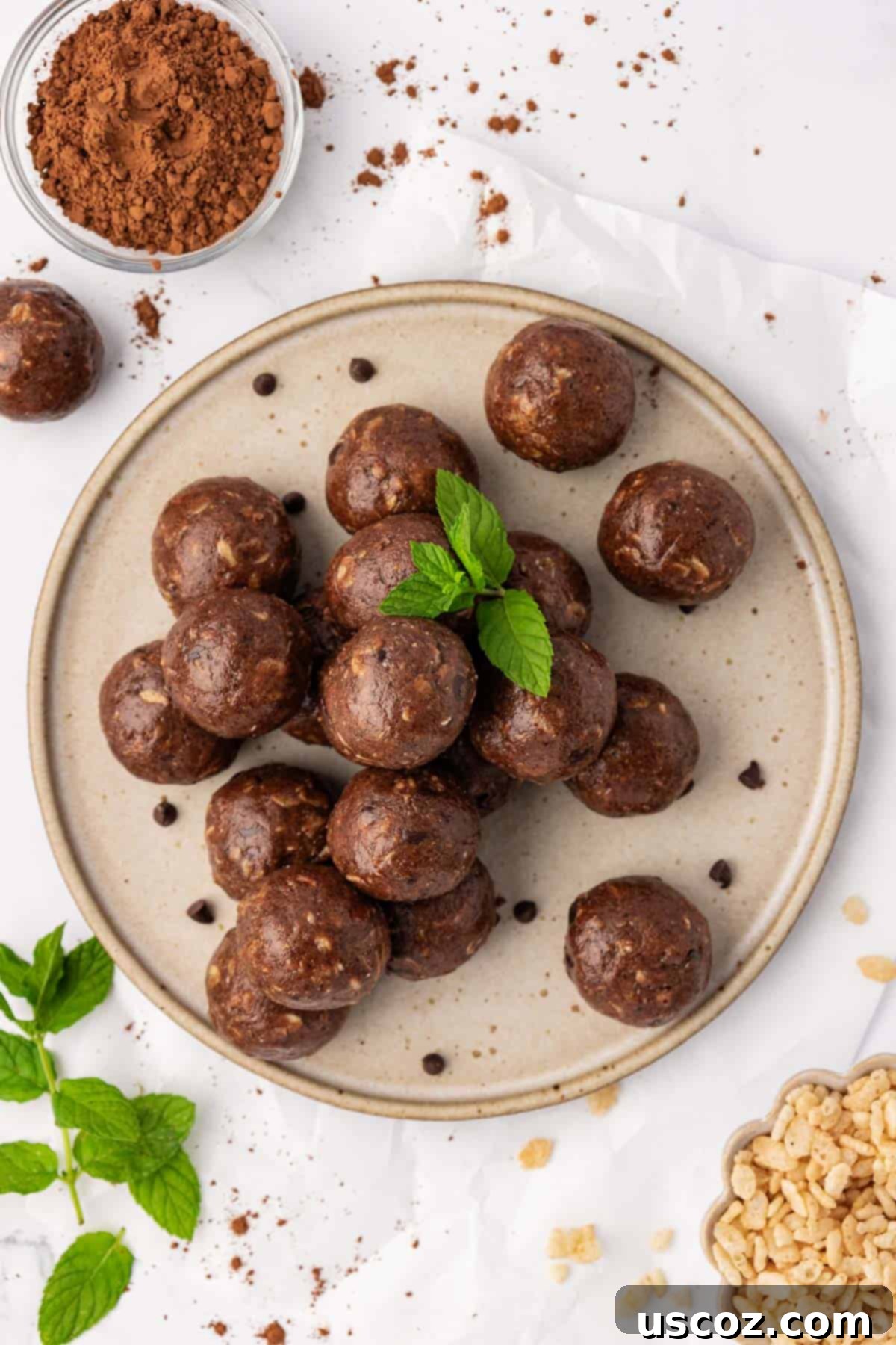 Mint Chocolate Power Bites 4 mint chocolate energy bites on a plate