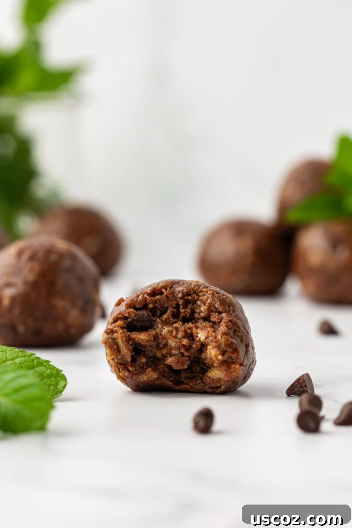 Mint Chocolate Power Bites 5 mint chocolate energy bite with a bite taken out