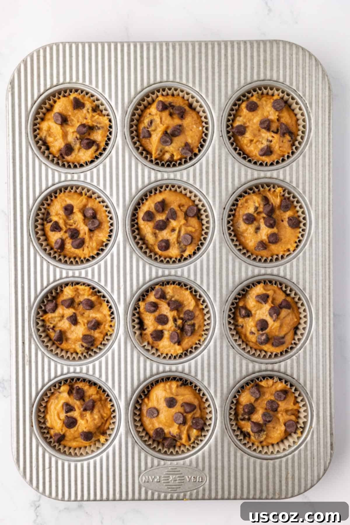 Spiced Pumpkin Chocolate Chip Muffins 13 pumpkin chocolate chip muffin batter in the muffin tin