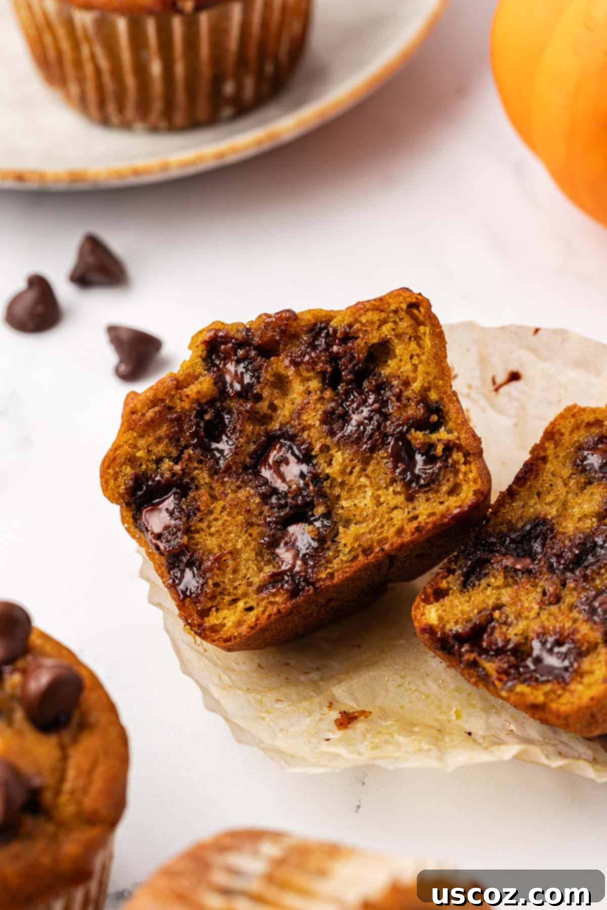 Spiced Pumpkin Chocolate Chip Muffins 18 pumpkin chocolate chip muffin cut in half to show the inside