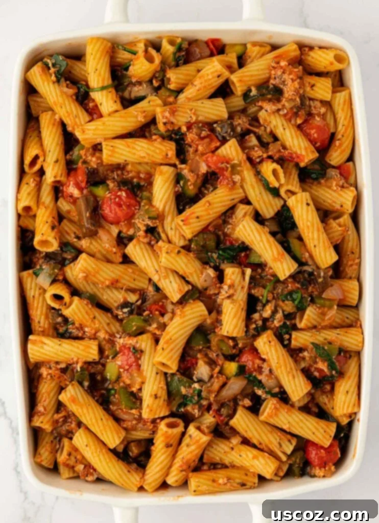 vegetable sauce rigatoni in a baking dish