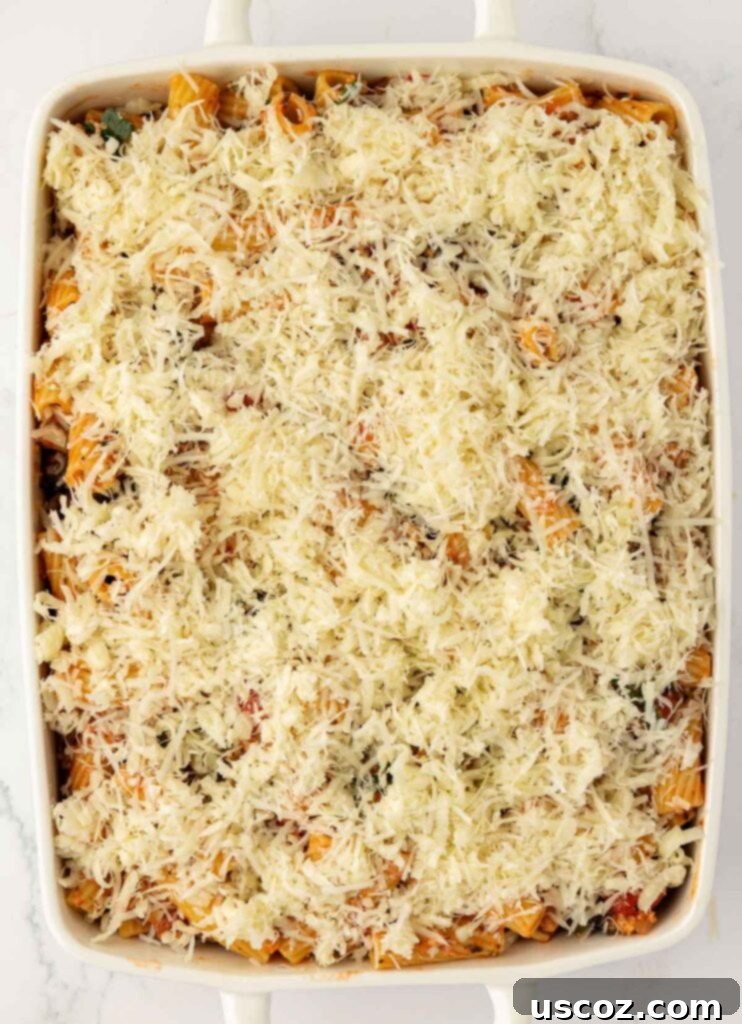 fresh grated cheese on top of saucy rigatoni