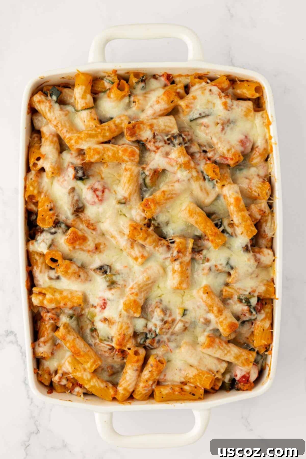 veggie lover's rigatoni with melted bubbly cheese