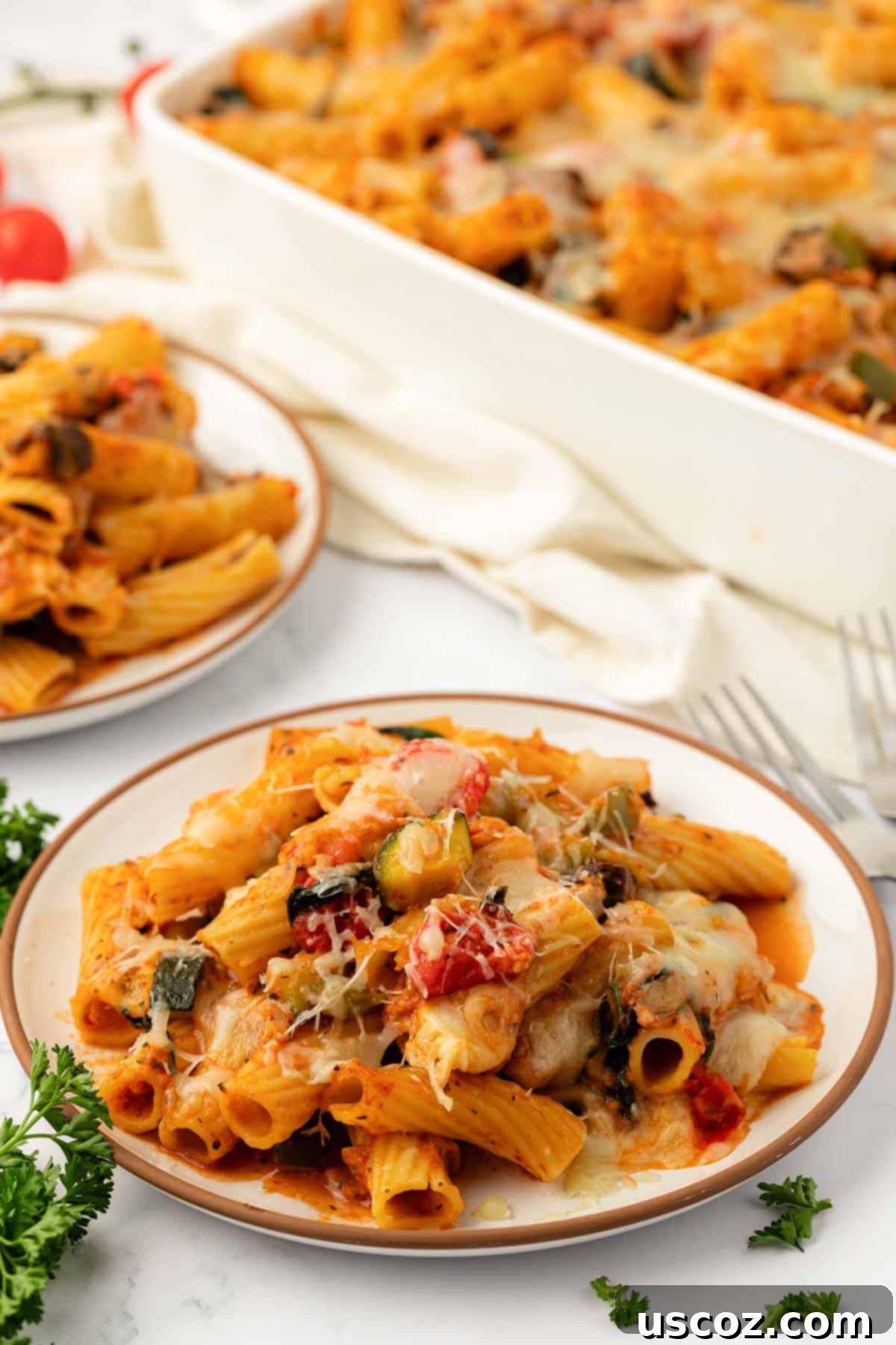 vegetable rigatoni on a plate