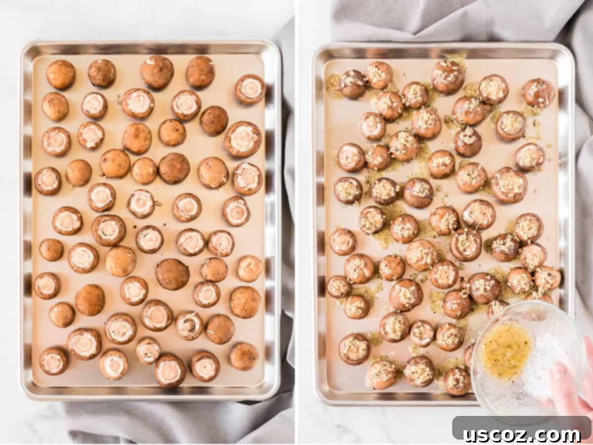 Garlicky Roasted Mushrooms 4 collage image showing the mushrooms on a baking sheet, then garlic butter poured on top, ready for roasting