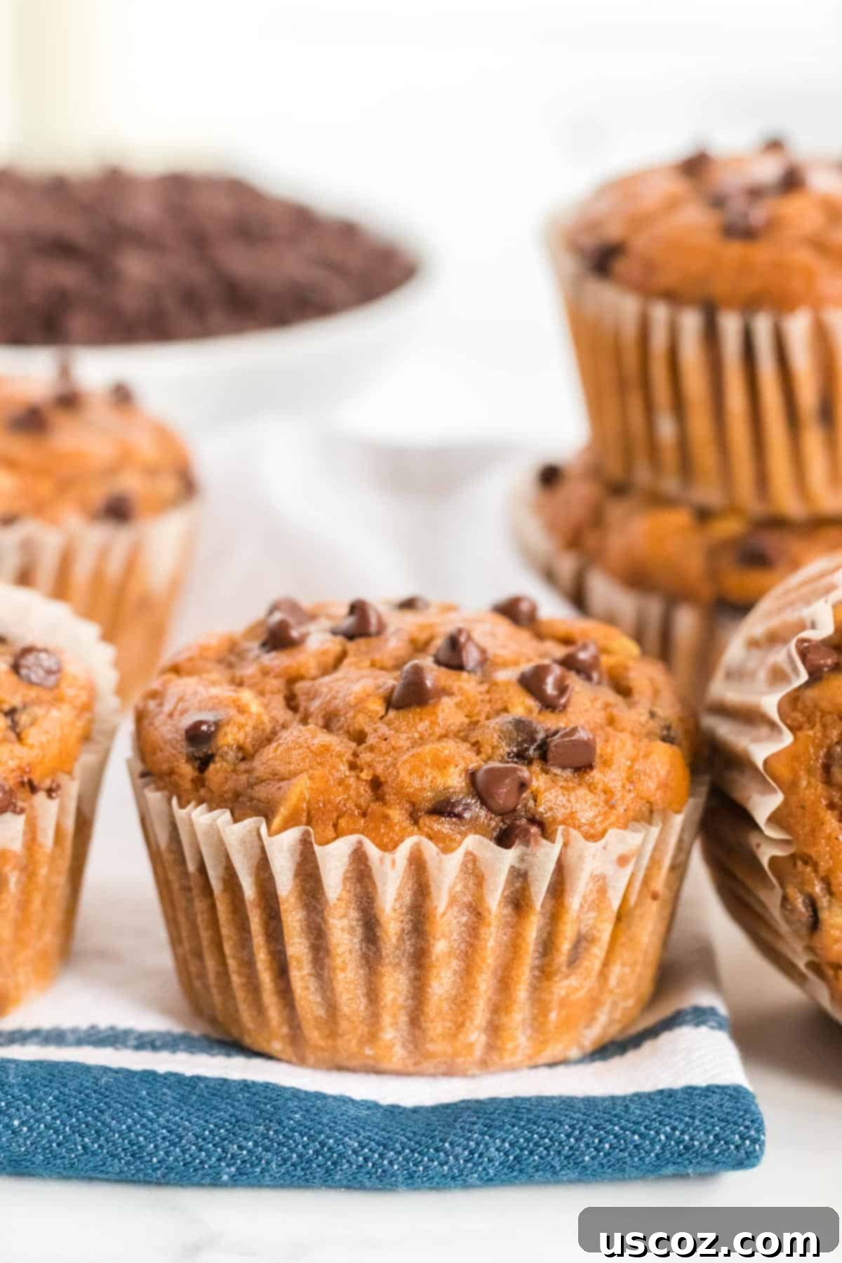 Guilt-Free Pumpkin Chocolate Chip Muffins 3 Close-up of baked healthy pumpkin chocolate chip muffins