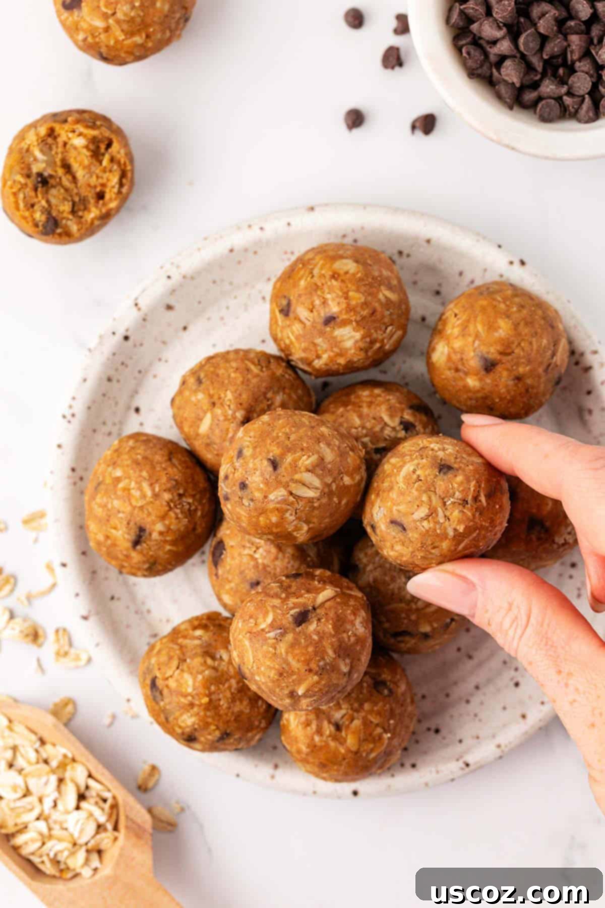 Oat Cookie Power Bites 2 Delicious no-bake oatmeal cookie energy balls on a white plate, ready to be enjoyed.