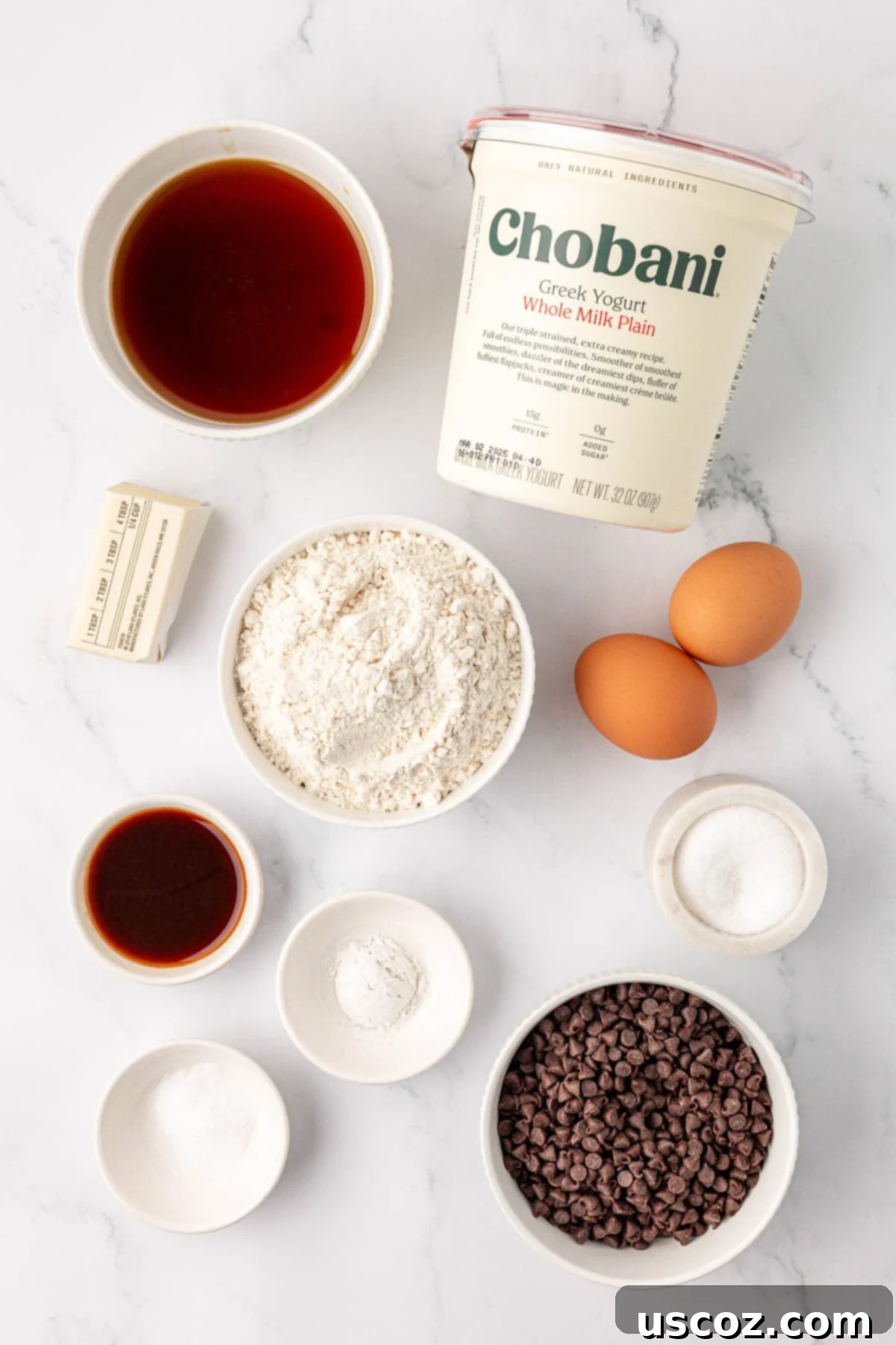 Wholesome Greek Yogurt Cake 4 ingredients laid out for greek yogurt snack cake recipe