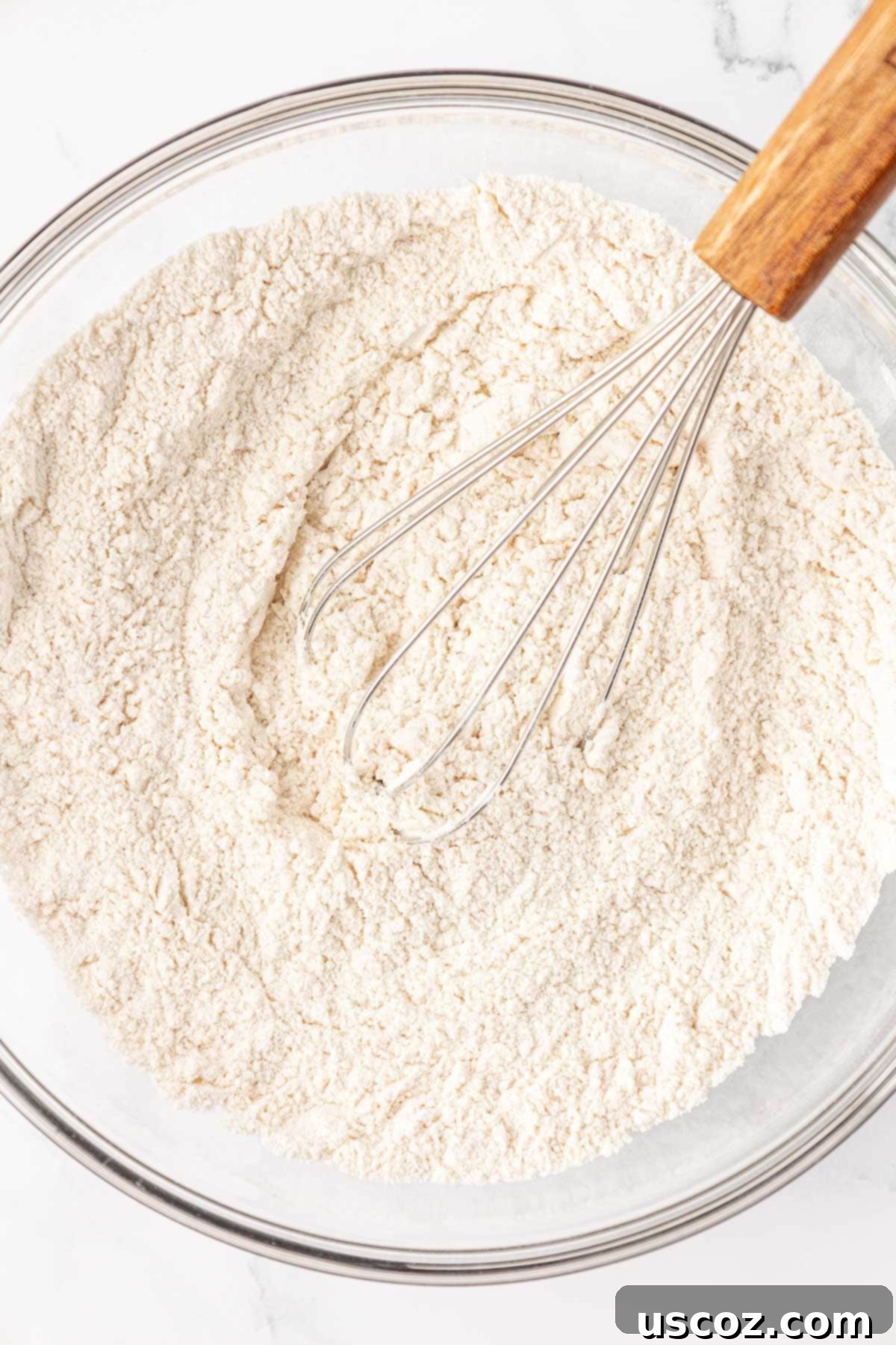 Wholesome Greek Yogurt Cake 6 dry ingredients whisked together in a bowl for baking