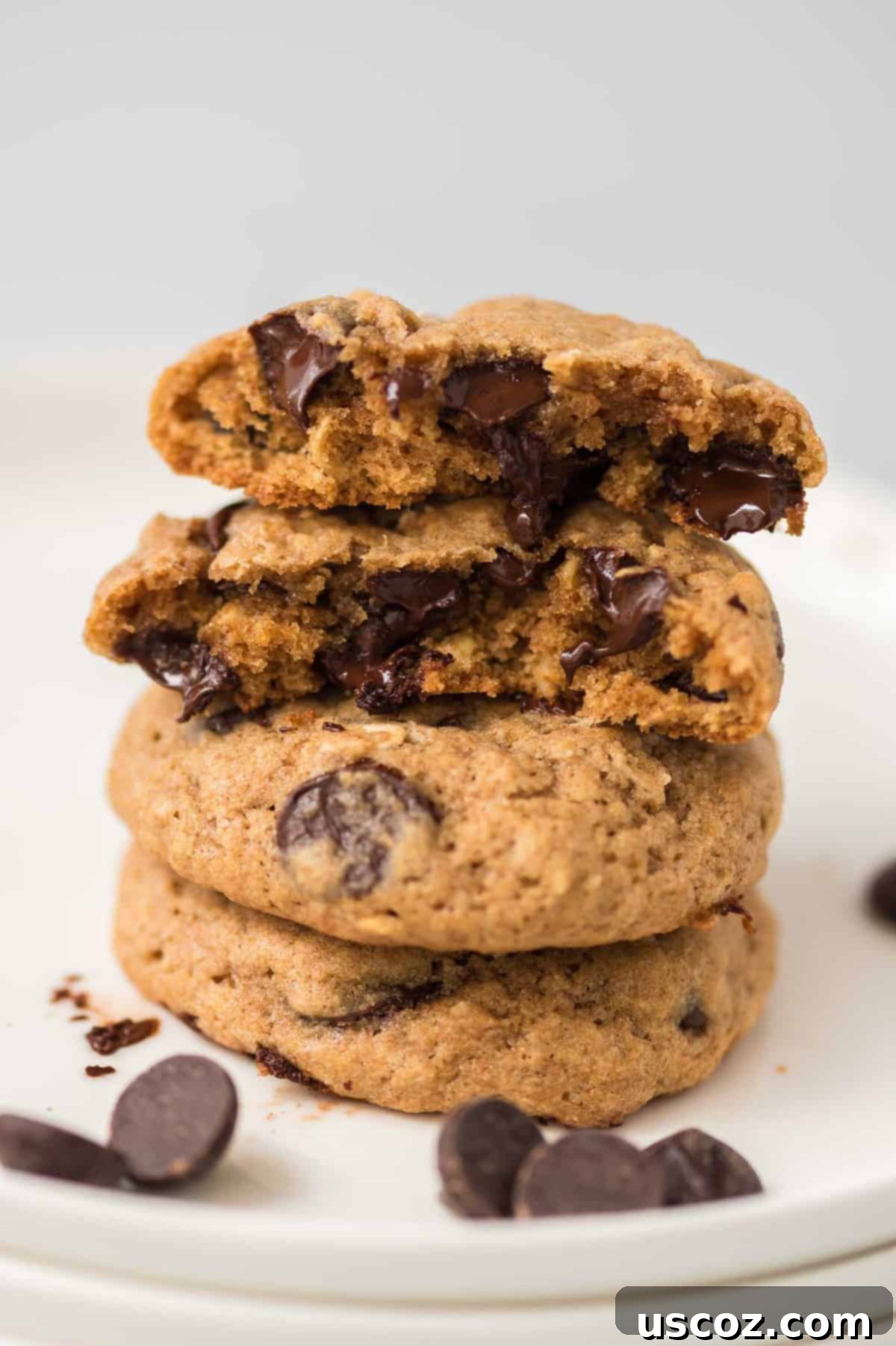 Wholesome Chocolate Chip Comforts 2 Two whole wheat chocolate chip cookies broken in half and stacked to show the melted chocolate inside, highlighting their chewy texture.