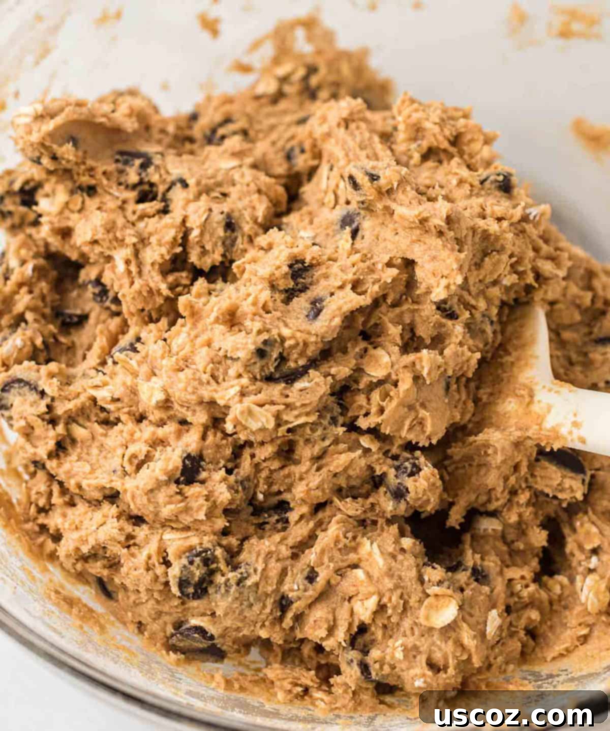 Wholesome Chocolate Chip Comforts 4 Cookie batter in a mixing bowl with chocolate chips and oats, ready to be scooped.