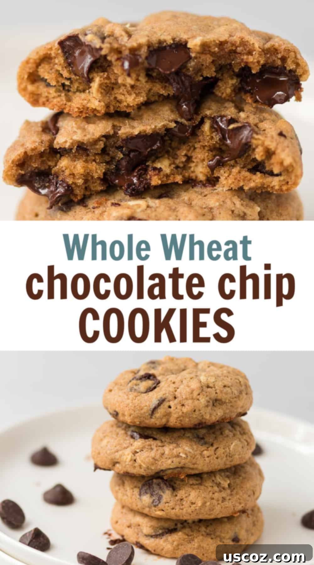 Wholesome Chocolate Chip Comforts 7 Image featuring text "whole wheat chocolate chip cookies" with a rustic background of baked cookies.