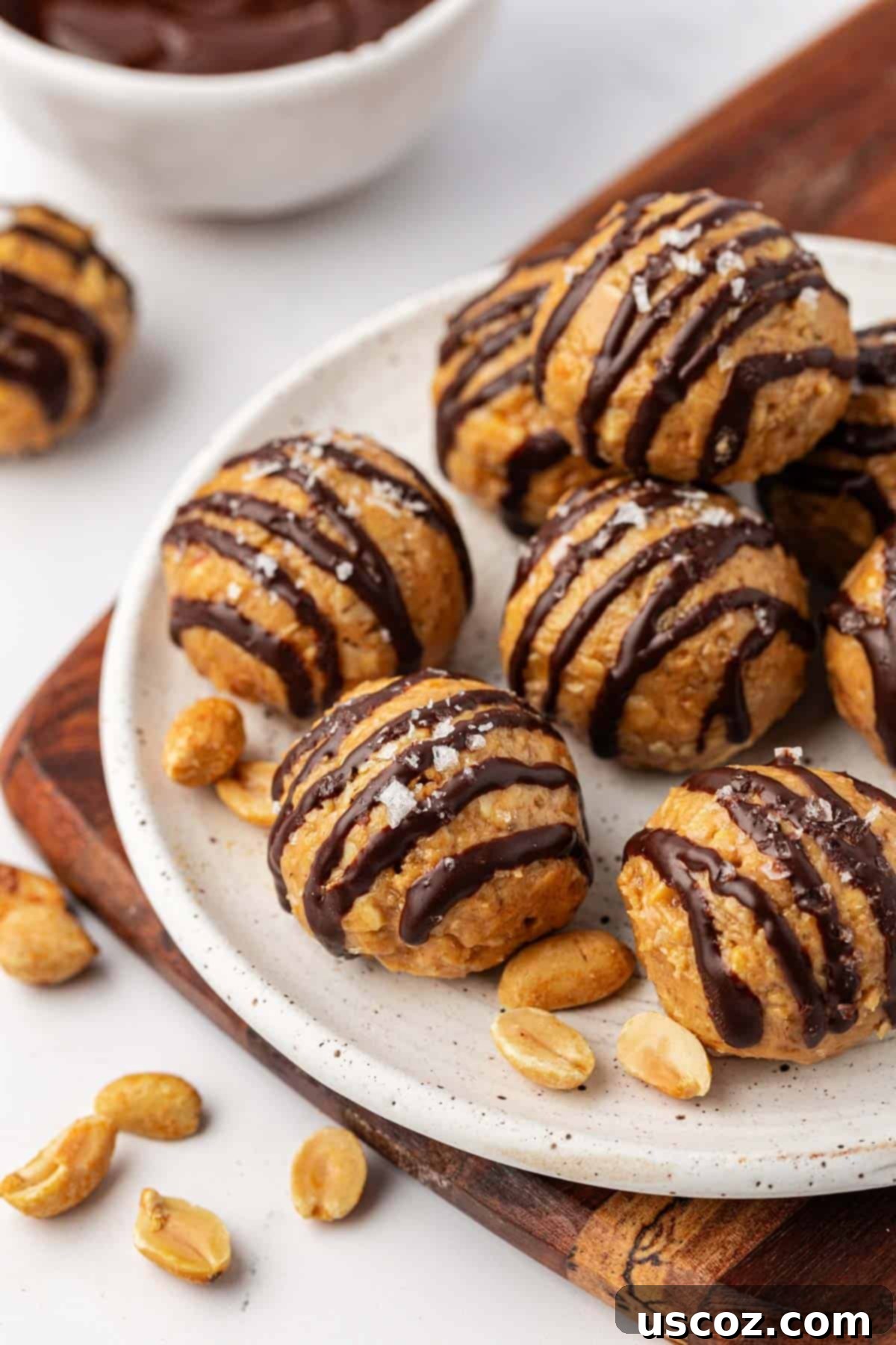 Crunchy Peanut Butter Power Bites 11 Close-up of a finished Peanut Butter Crunch Energy Bite, showing the textured peanut base, chocolate drizzle, and sea salt.