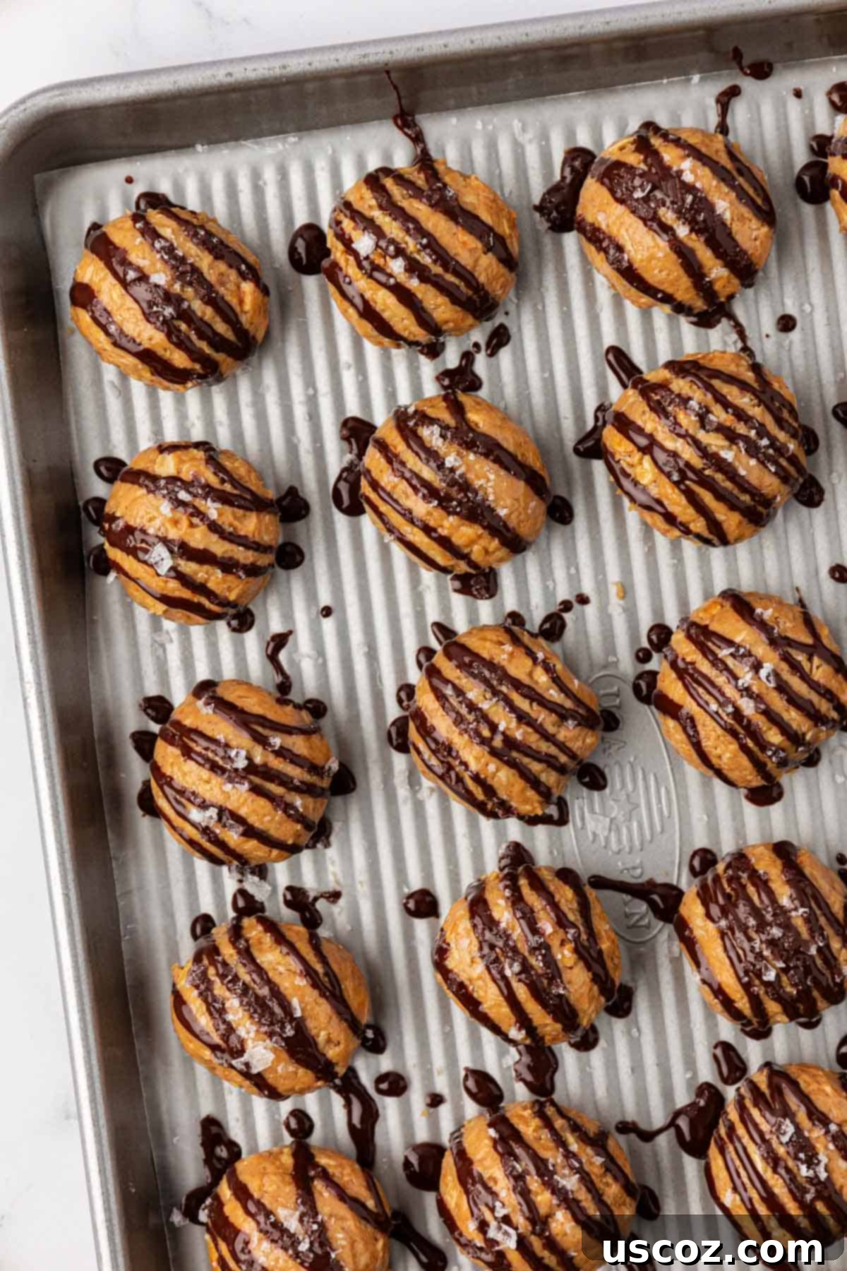 Crunchy Peanut Butter Power Bites 3 Peanut Butter Crunch Energy Bites arranged on a white plate, showcasing the dark chocolate drizzle and sea salt flakes, ready to be enjoyed.