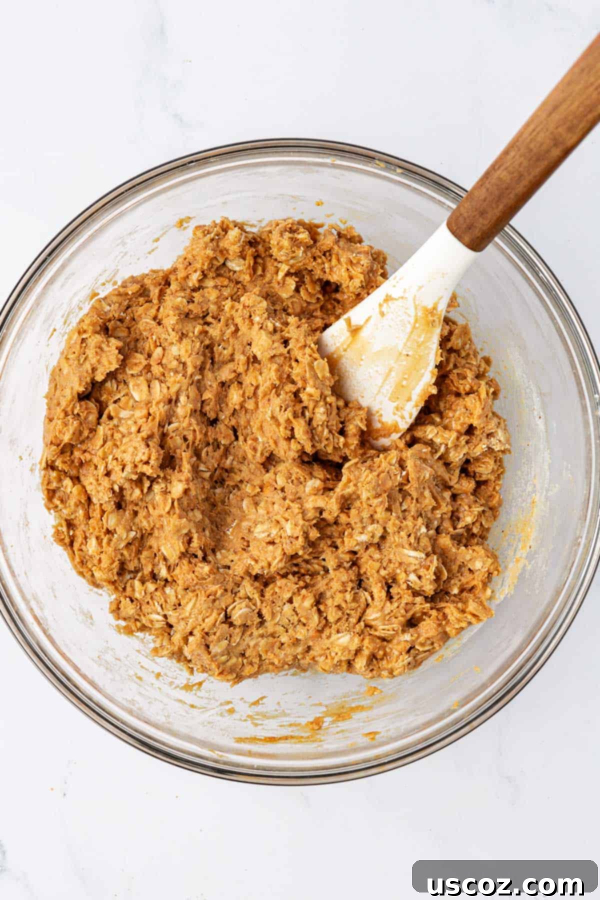 Crunchy Peanut Butter Power Bites 6 The well-mixed batter for peanut butter energy bites, ready to be scooped.