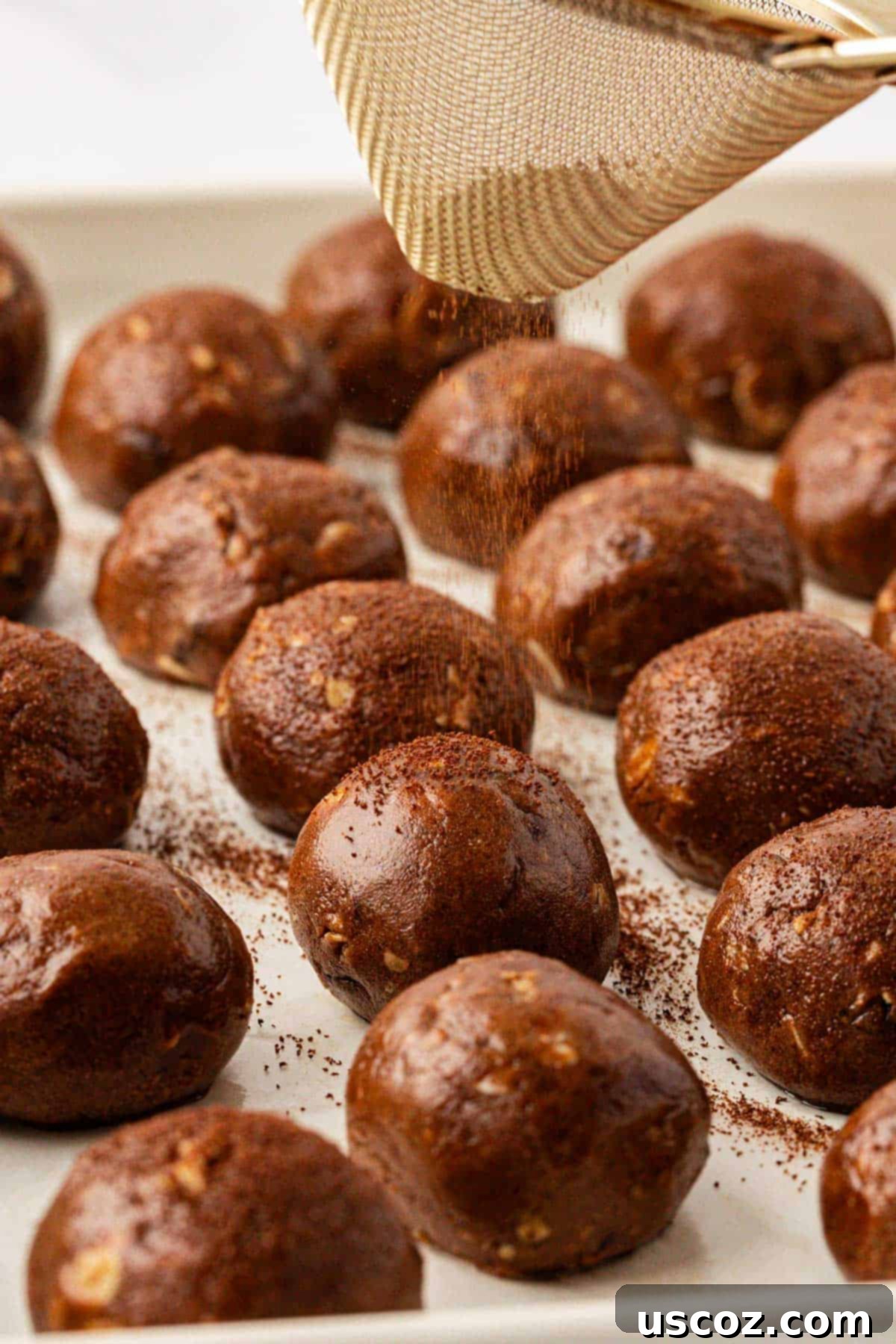 Espresso Boost Bites 10 Espresso energy bites on a baking sheet, lightly dusted with espresso powder