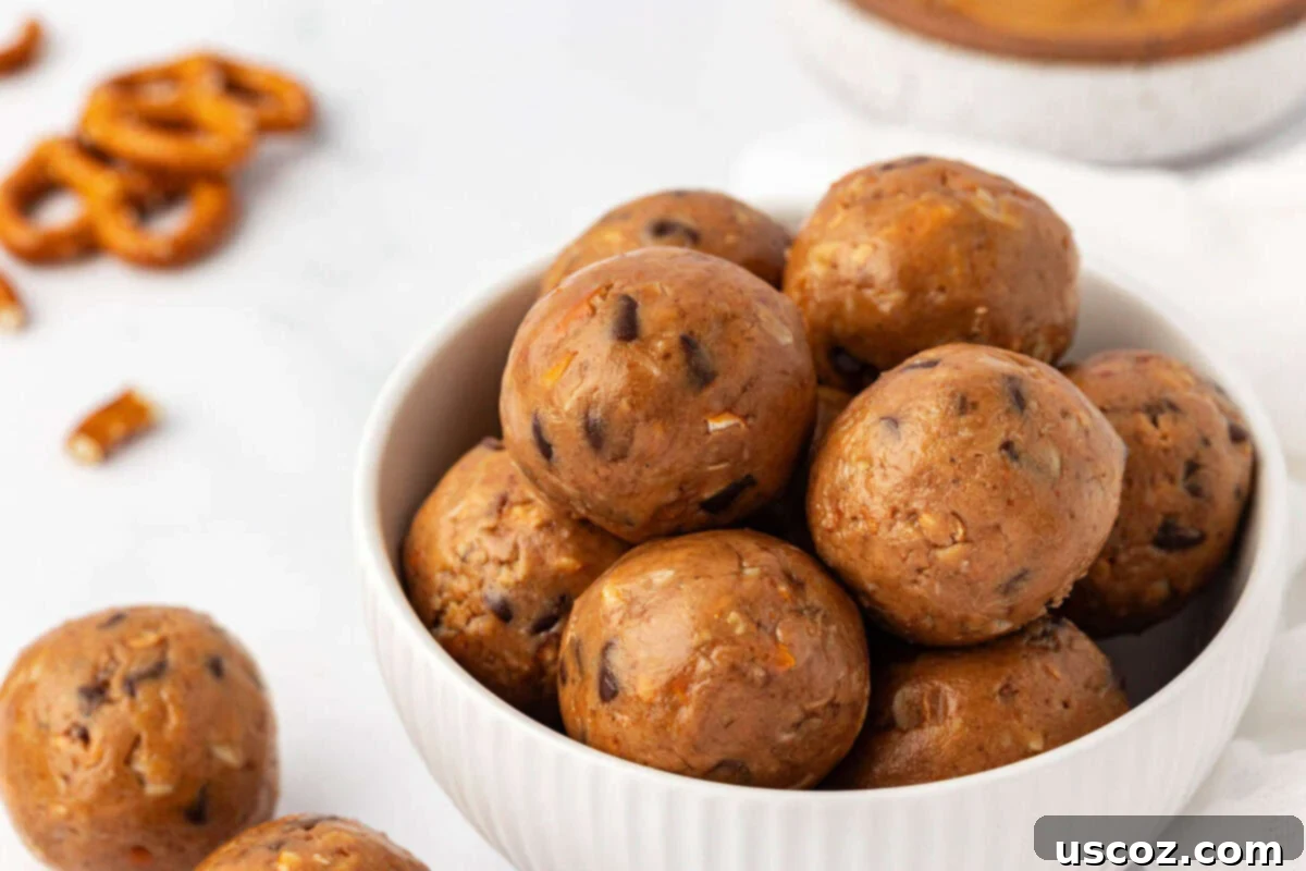 Peanut Butter Pretzel Power Bites 7 Assortment of peanut butter pretzel energy bites, some with mini chocolate chips visible