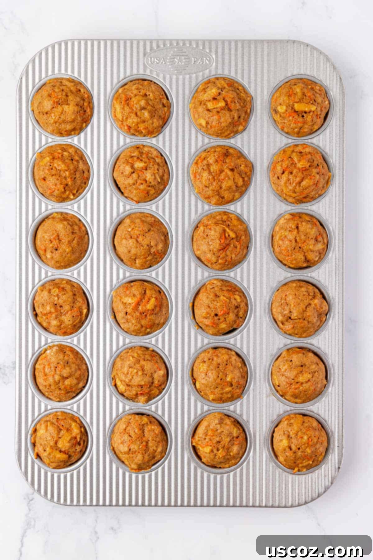 Alphabet Mini Muffins 16 freshly baked ABC mini muffins in a muffin tin