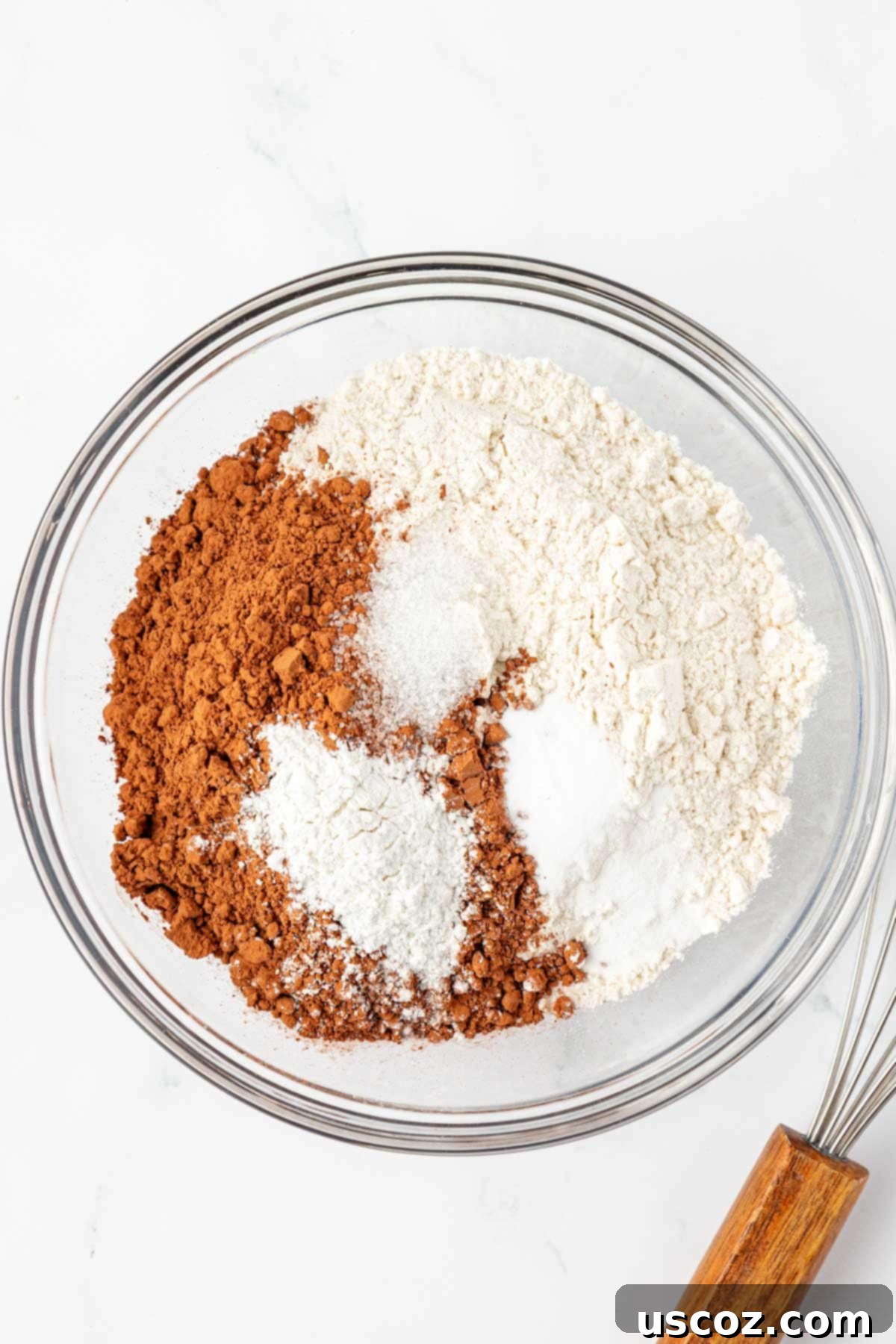 Everyday Chocolate Delight 5 dry ingredients in a mixing bowl