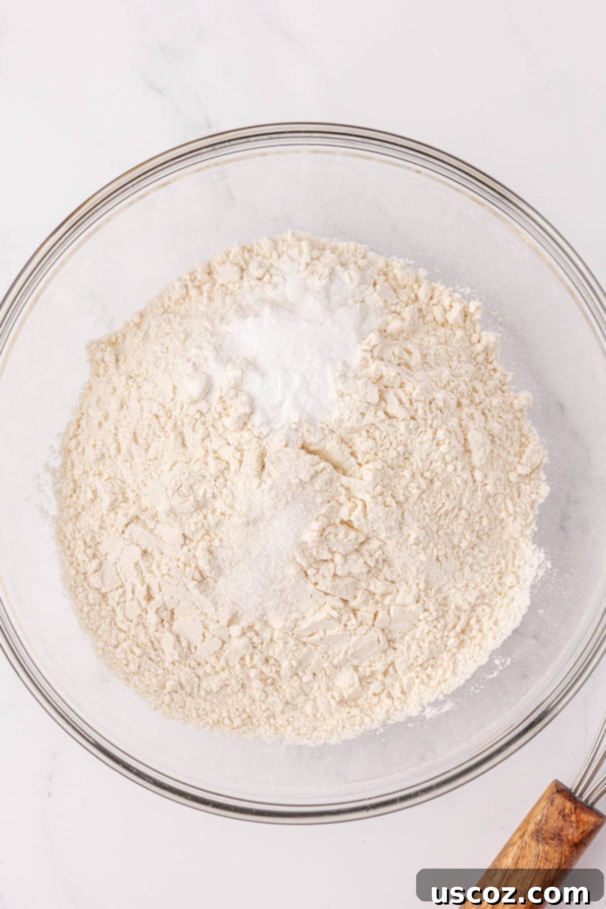 Luscious Greek Yogurt Banana Bread 5 dry ingredients in a mixing bowl