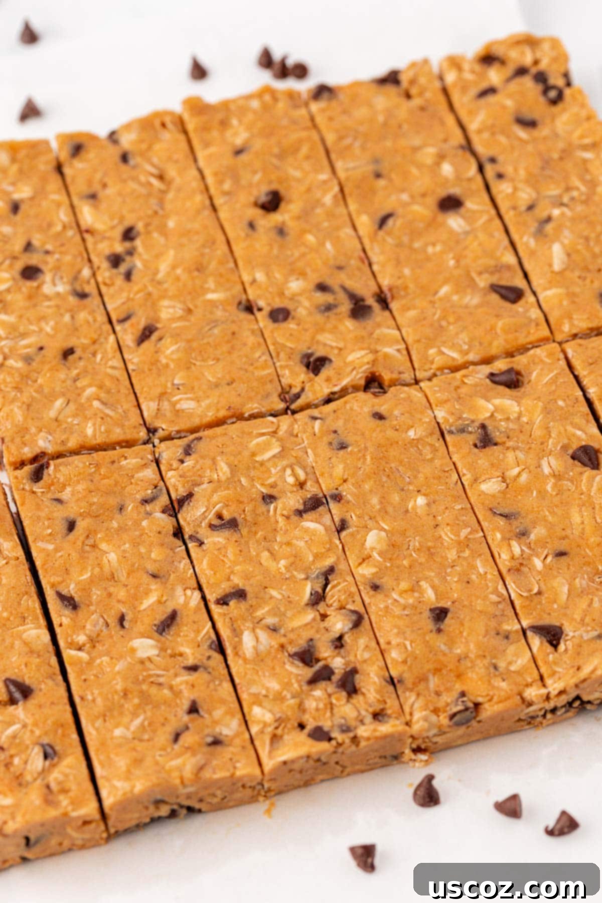 Power-Packed Protein Granola Bars 14 Protein granola bars arranged artfully on a serving tray, garnished with chocolate chips