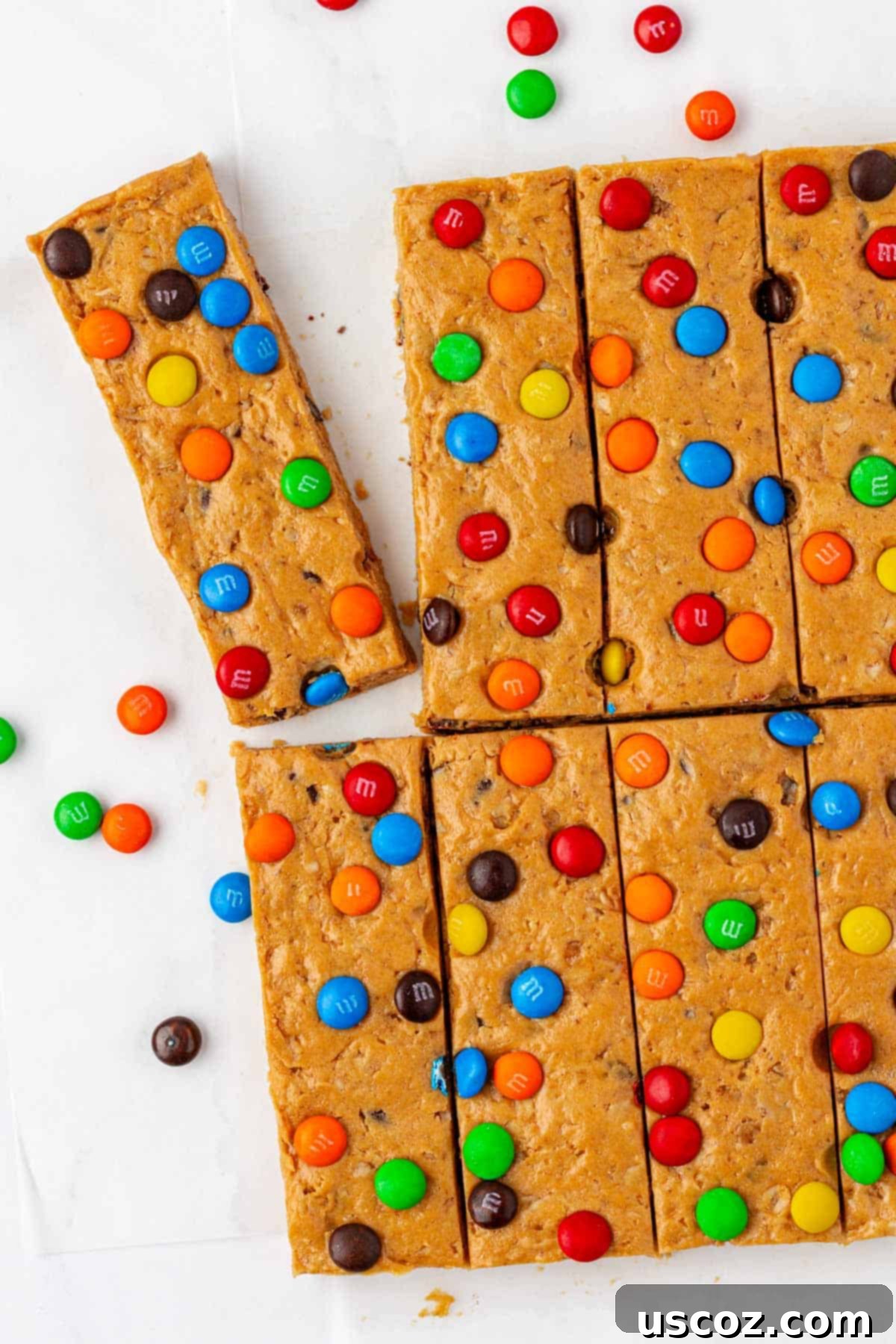 Monster Cookie Protein Bars 2 Close-up of freshly made Monster Cookie Protein Bars with colorful M&Ms