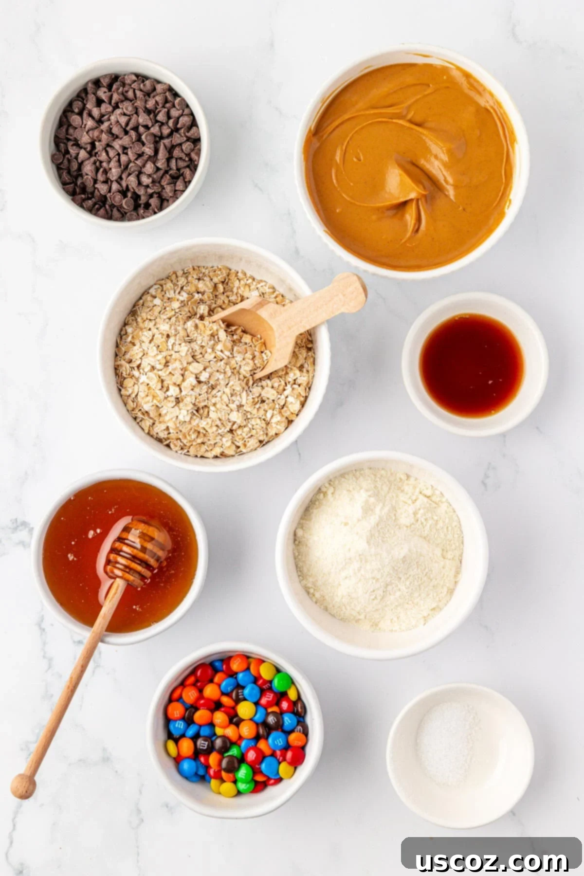 Monster Cookie Protein Bars 4 Ingredients laid out on a table to make monster cookie protein bars: peanut butter, honey, oats, protein powder, vanilla extract, salt, mini chocolate chips, and mini M&Ms