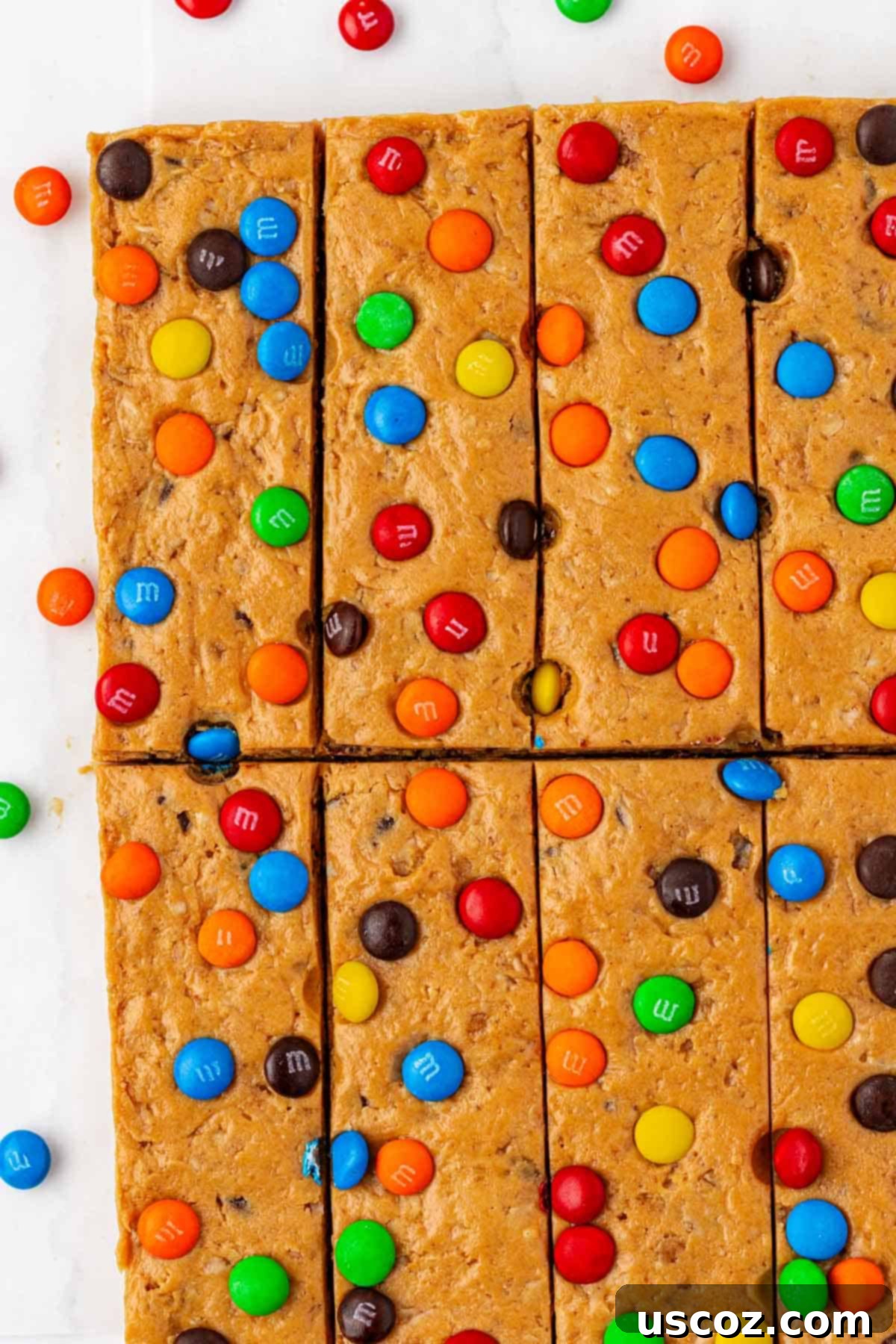 Monster Cookie Protein Bars 10 Tray of perfectly cut monster cookie protein bars, ready to eat