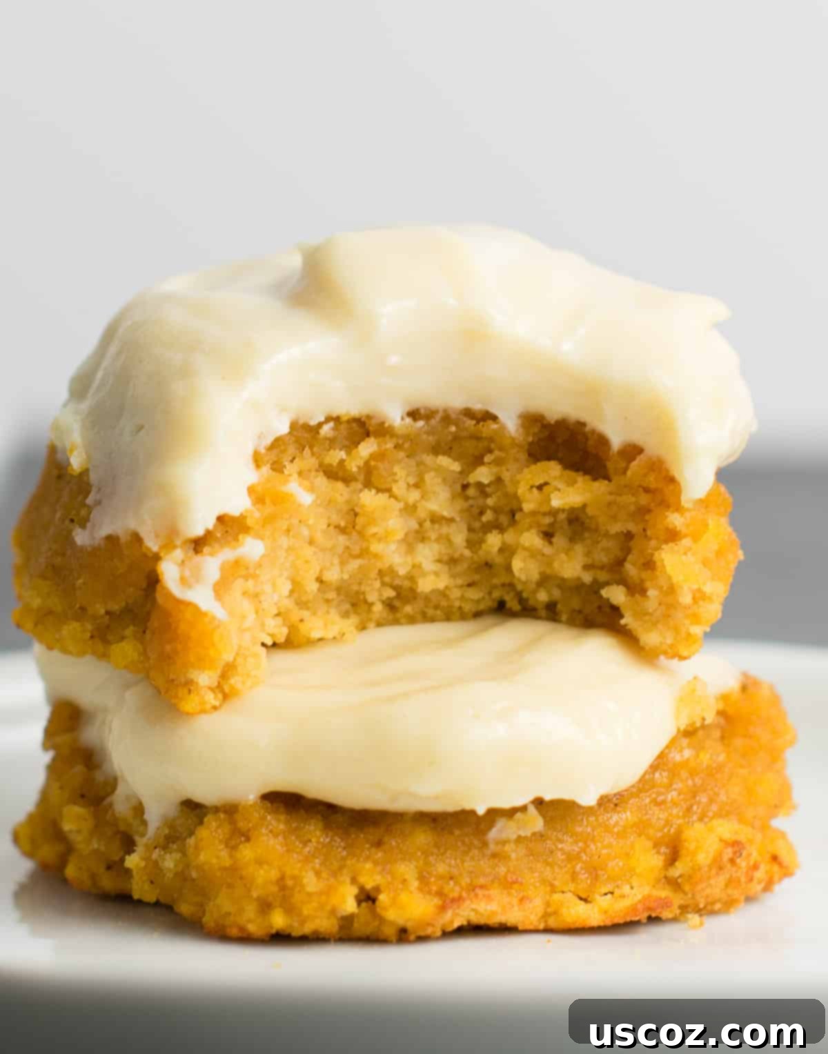 Pumpkin Spice Gluten Free Cookie Delights 4 two pumpkin cookies stacked with the top one missing a bite