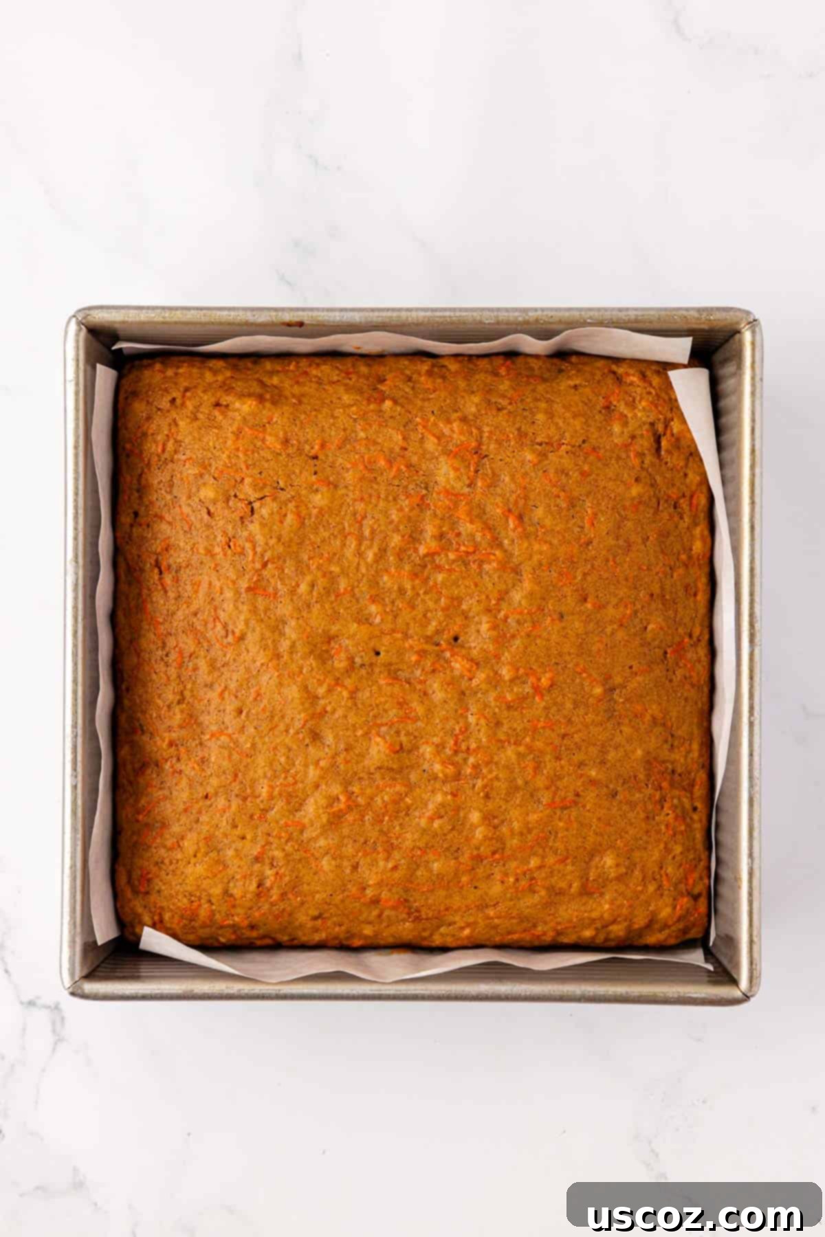 Wholesome Carrot Cake Bars 12 baked carrot cake snack bars in the pan