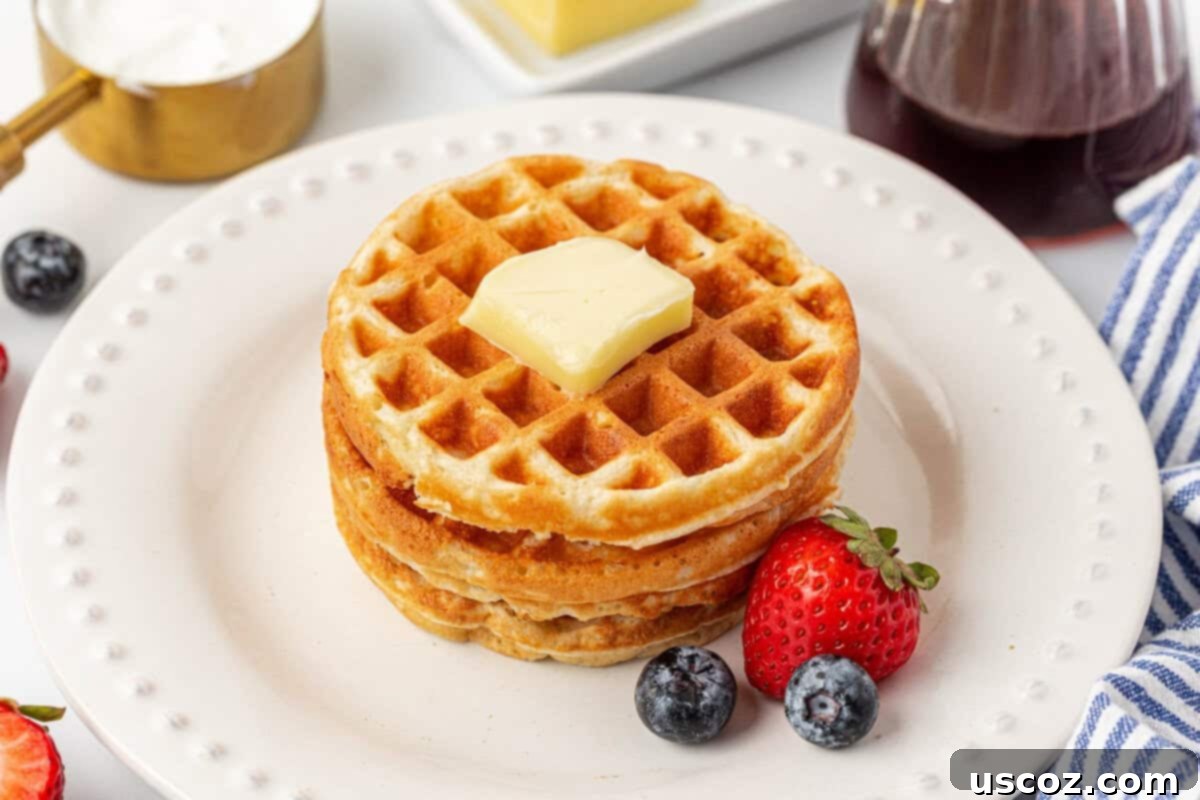 A stack of freshly made, golden-brown Greek yogurt waffles, looking perfectly fluffy and inviting.