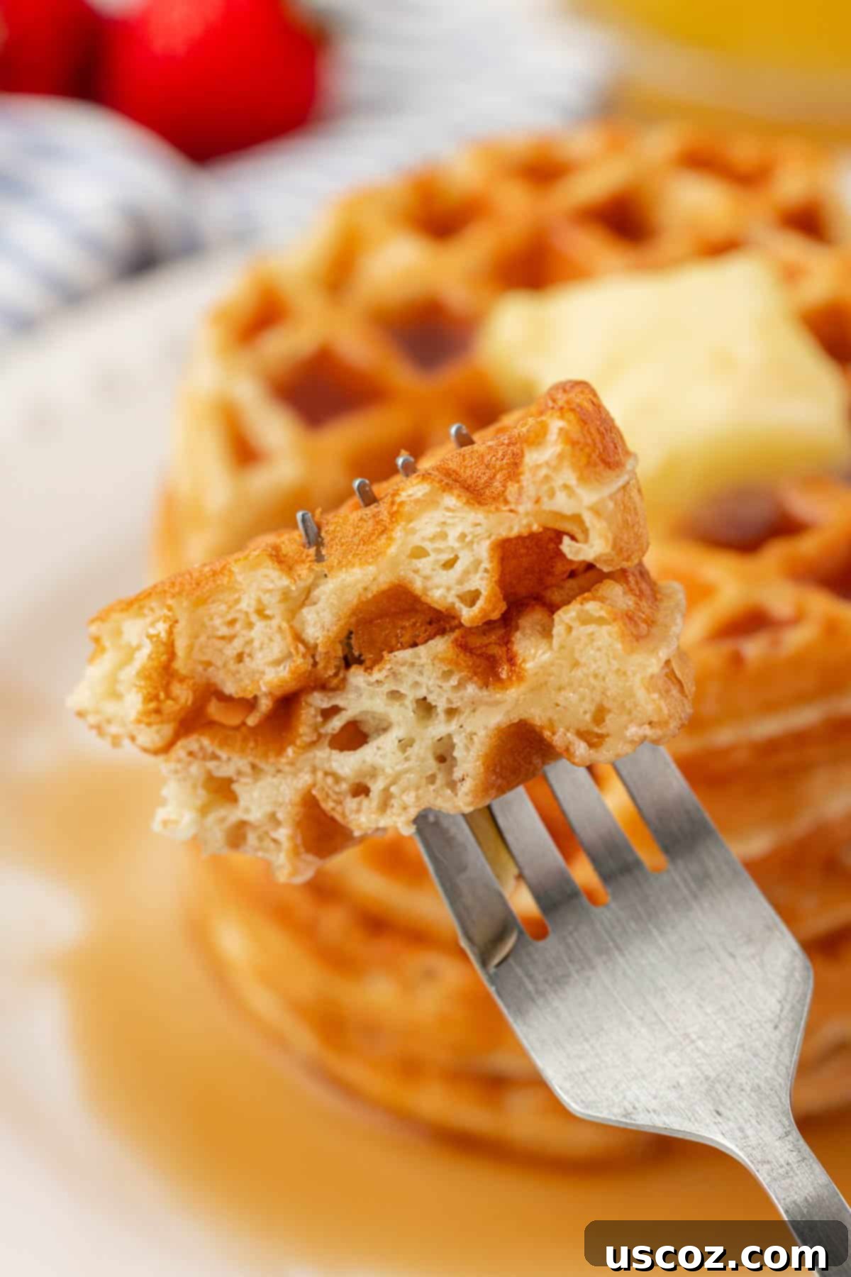 A fork holding a piece of Greek yogurt waffle, showcasing its tender, airy interior texture.