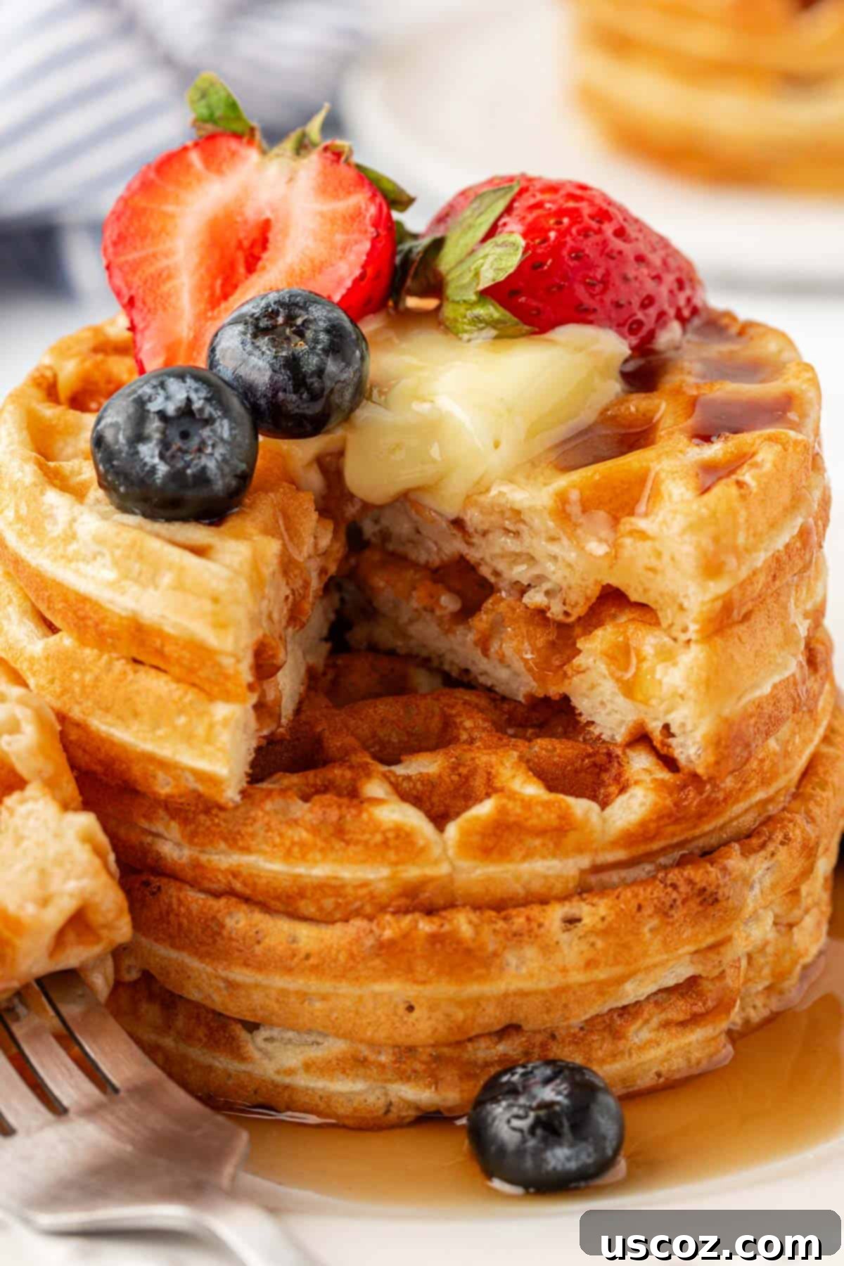 A beautifully arranged plate of Greek yogurt waffles, generously topped with an array of fresh fruit, a drizzle of syrup, and a dollop of butter.