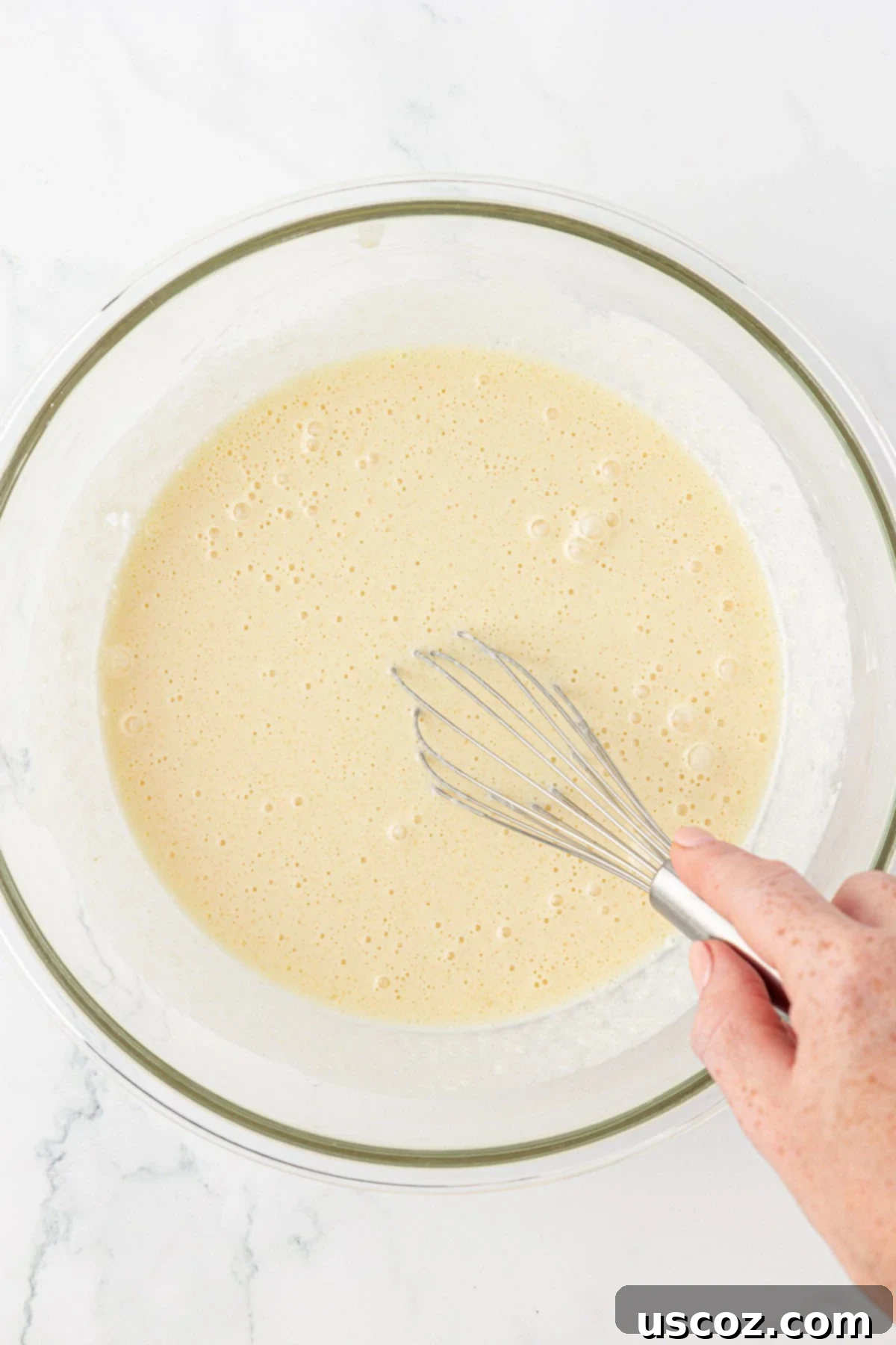 Wet ingredients in a bowl, thoroughly whisked to a smooth consistency, ready to be combined with dry ingredients.