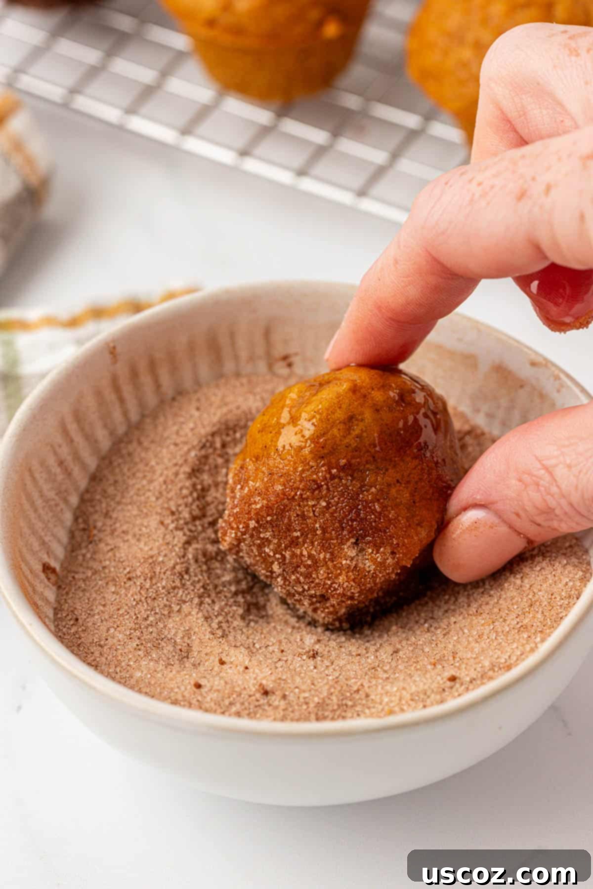 pumpkin mini muffin being dipped in cinnamon sugar