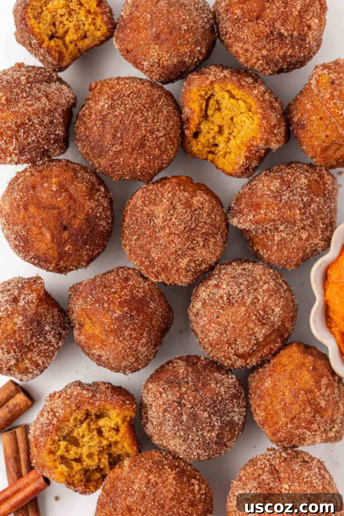 close-up of pumpkin donut mini muffins with cinnamon sugar